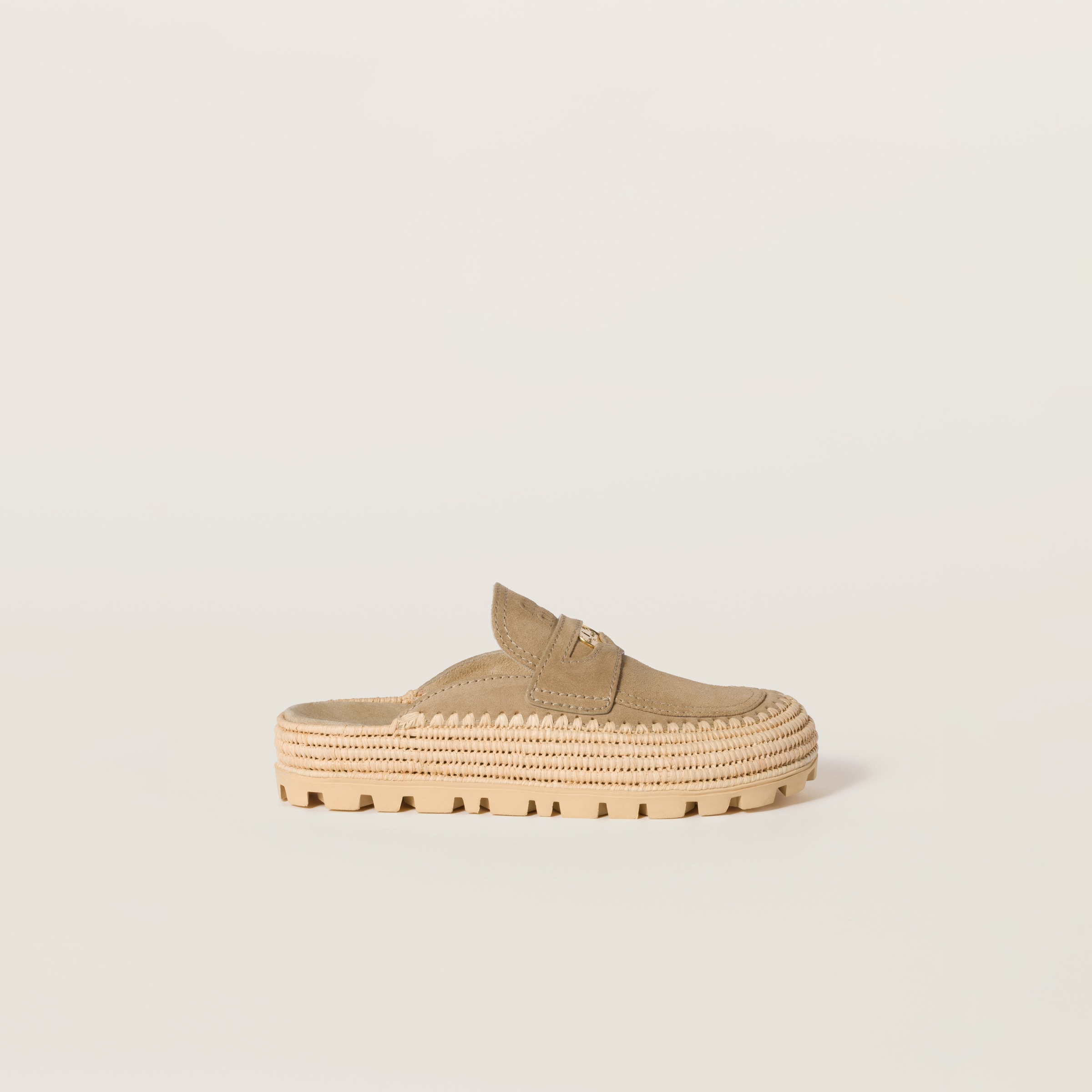 MIU MIU SUEDE AND RAFFIA FLATFORM MULES
