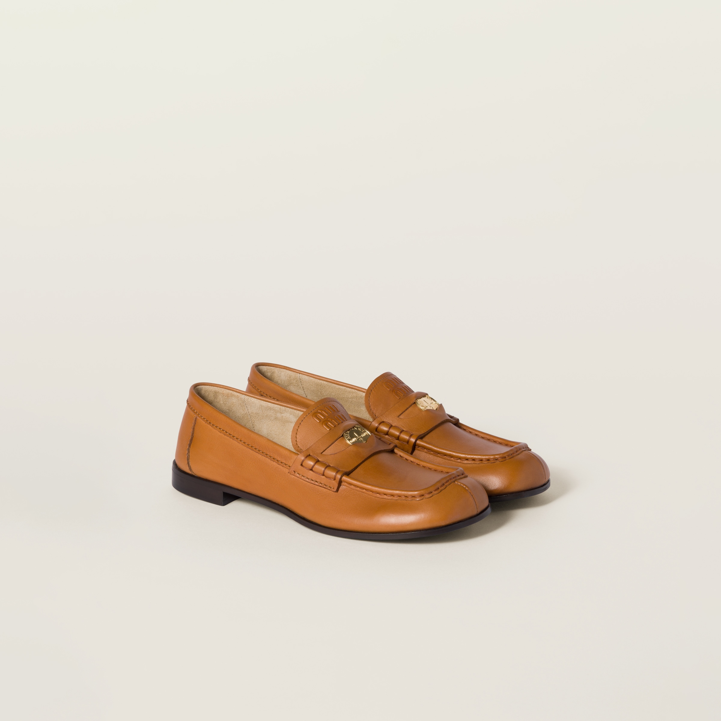 Miu Miu Leather Loafers In Cognac