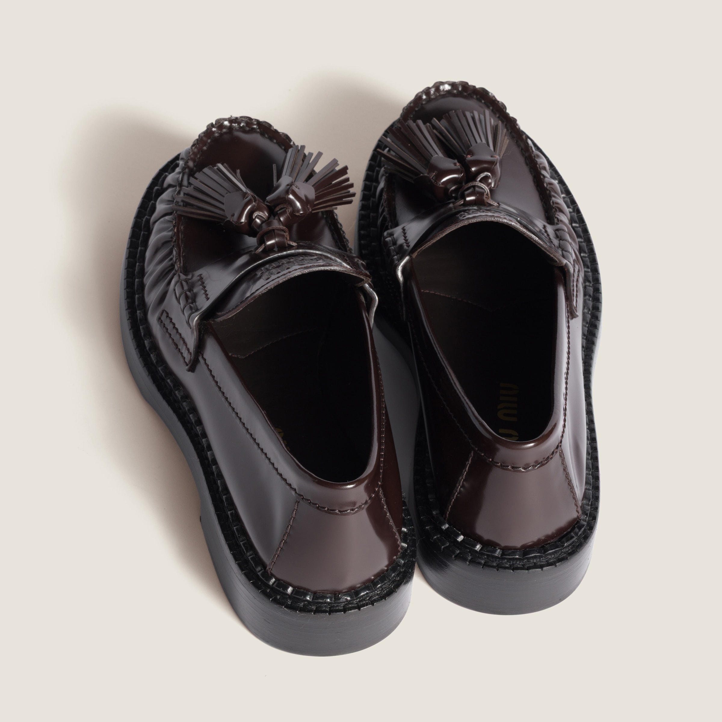 Miu Miu Tassel Loafers In Polished Leather In Brown