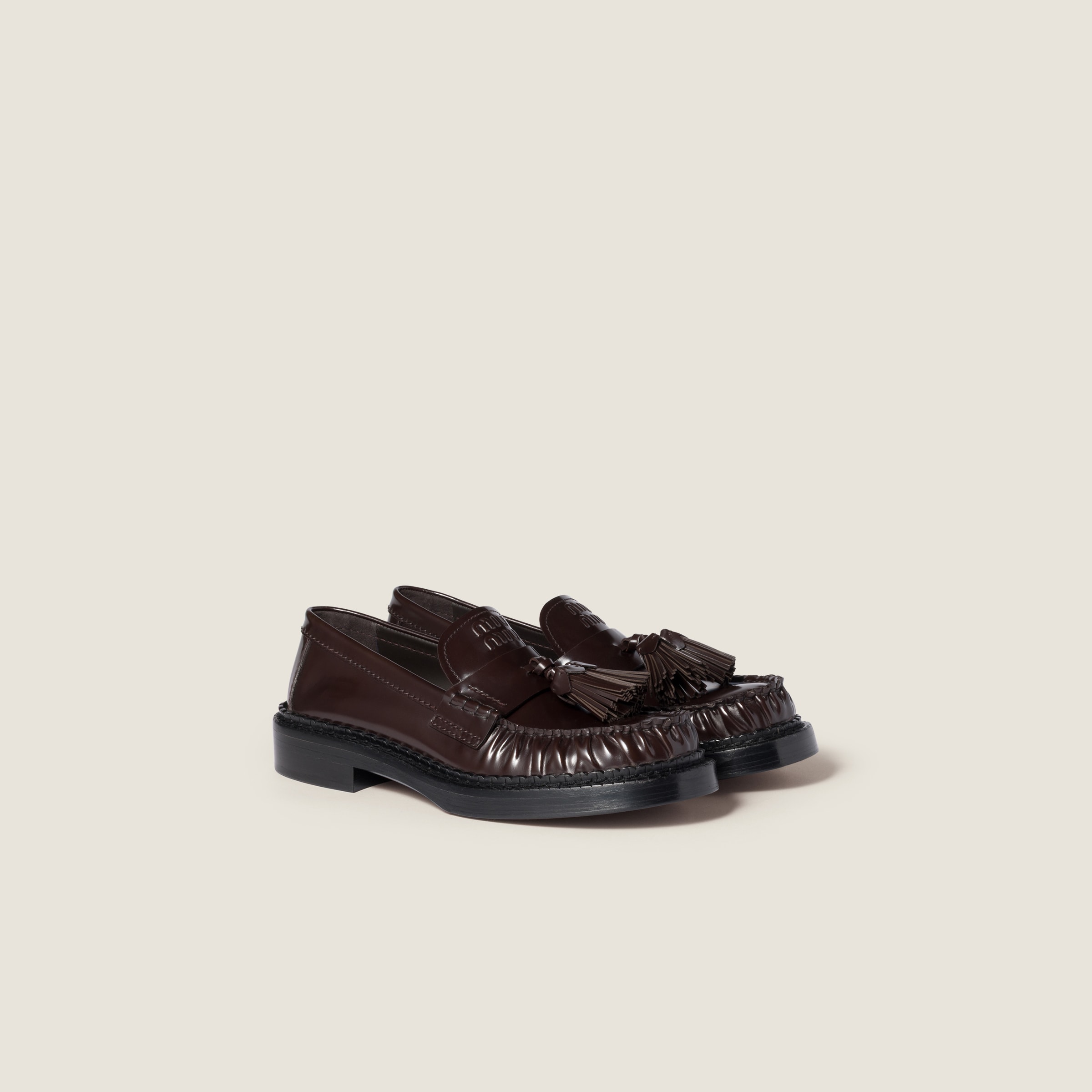 Miu Miu Tassel Loafers In Polished Leather In Brown