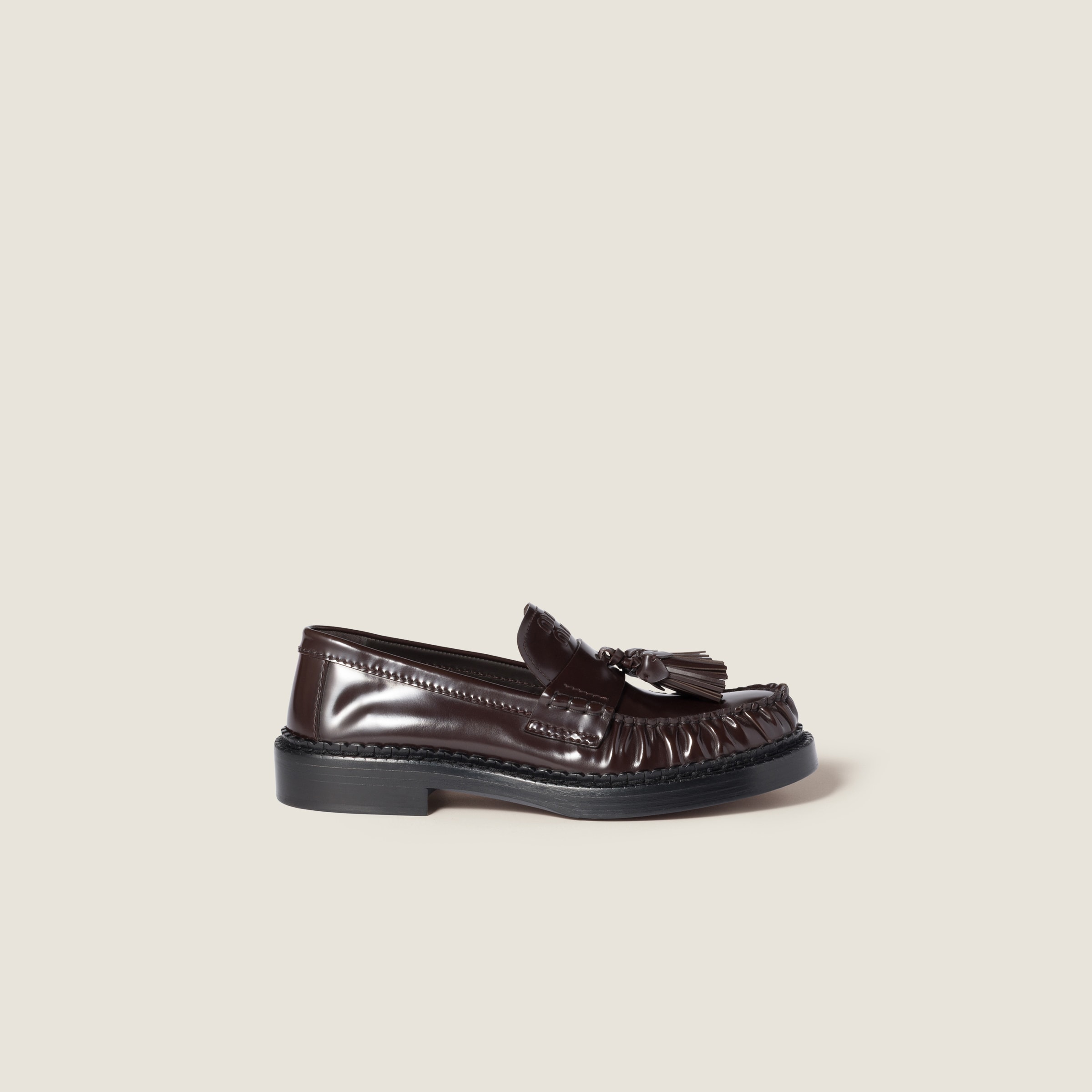 Miu Miu Tassel Loafers In Polished Leather In Brown