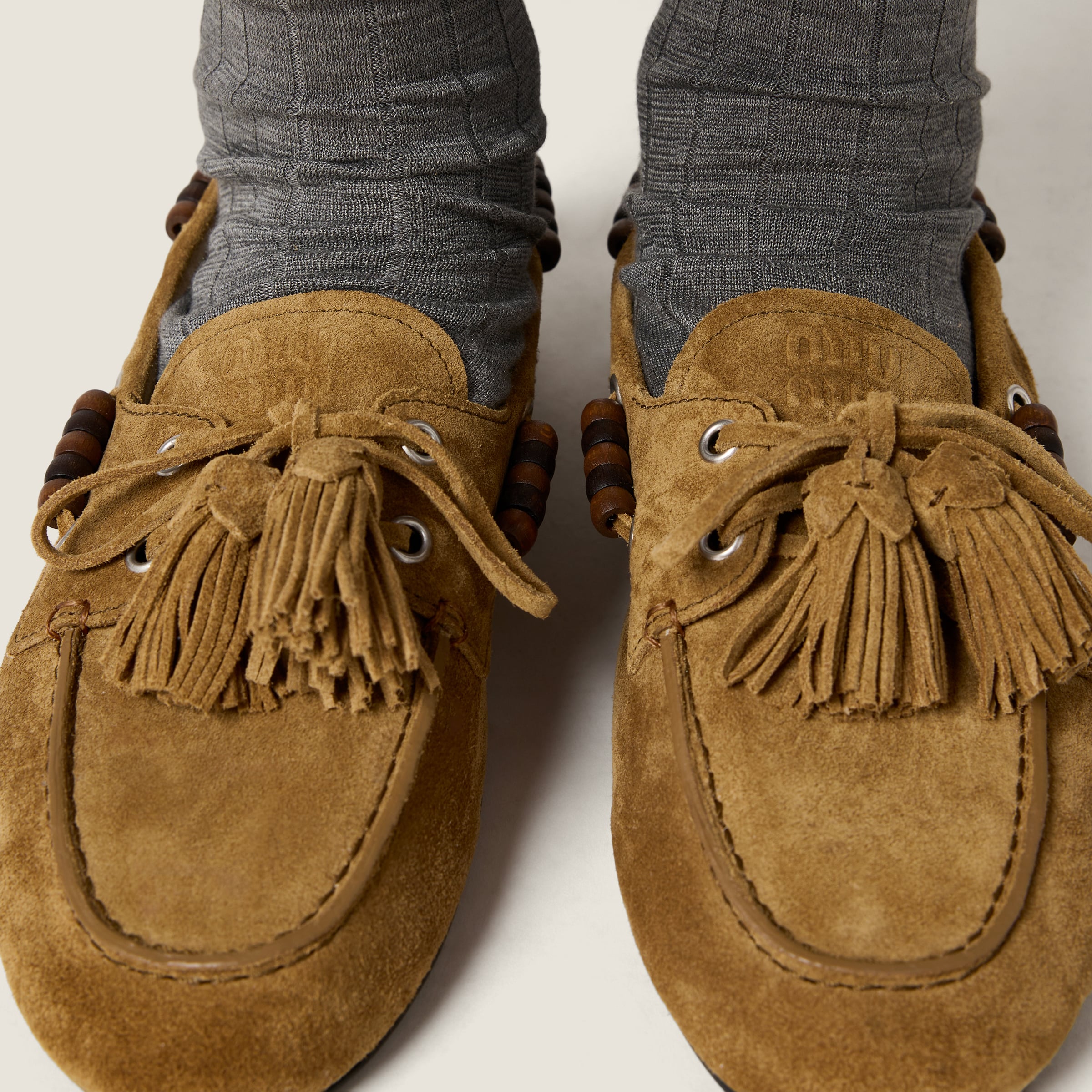 Olive Green Suede Deck Shoes With Tassels | Miu Miu - United States