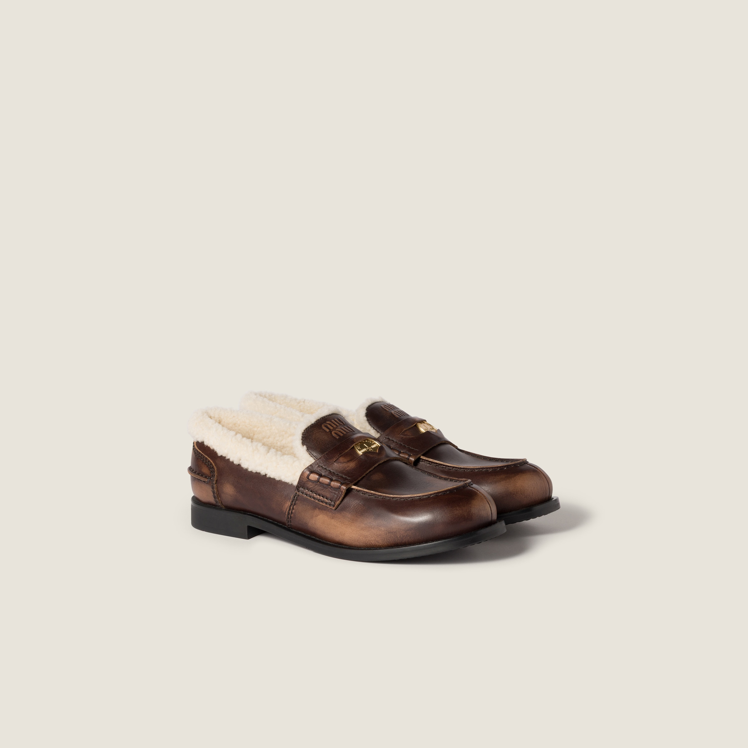 Ebony Bleached Leather And Shearling Penny Loafers | Miu Miu