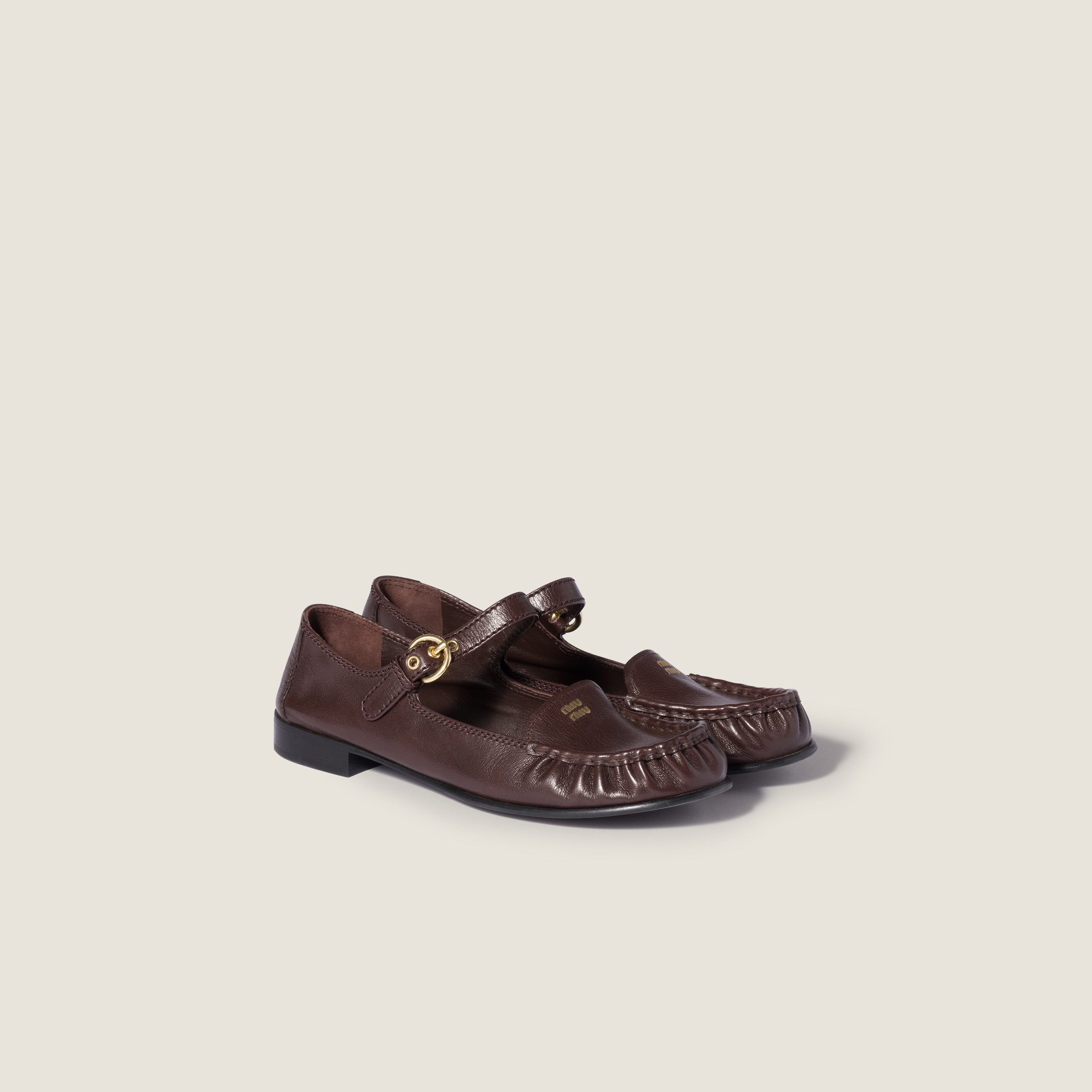 Miu Miu Leather Loafers With Strap In Brown