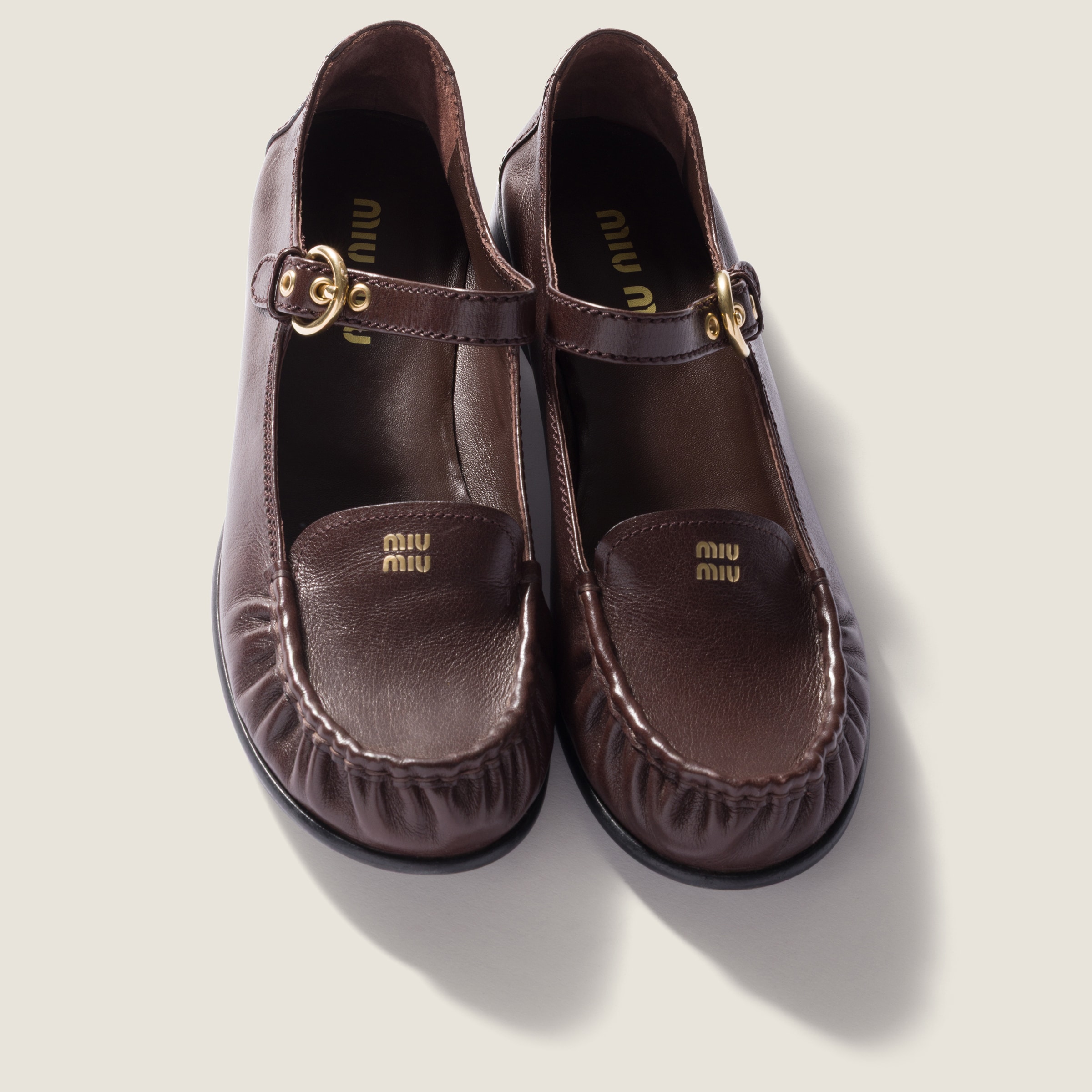 Miu Miu Leather Loafers With Strap In Brown