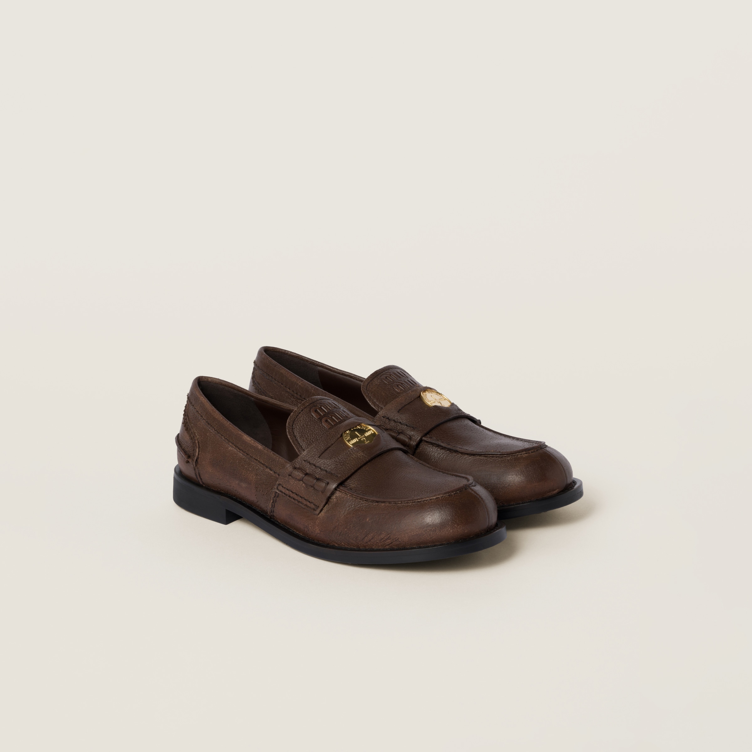 Miu Miu Calfskin Penny Loafers In Cocoa Brown