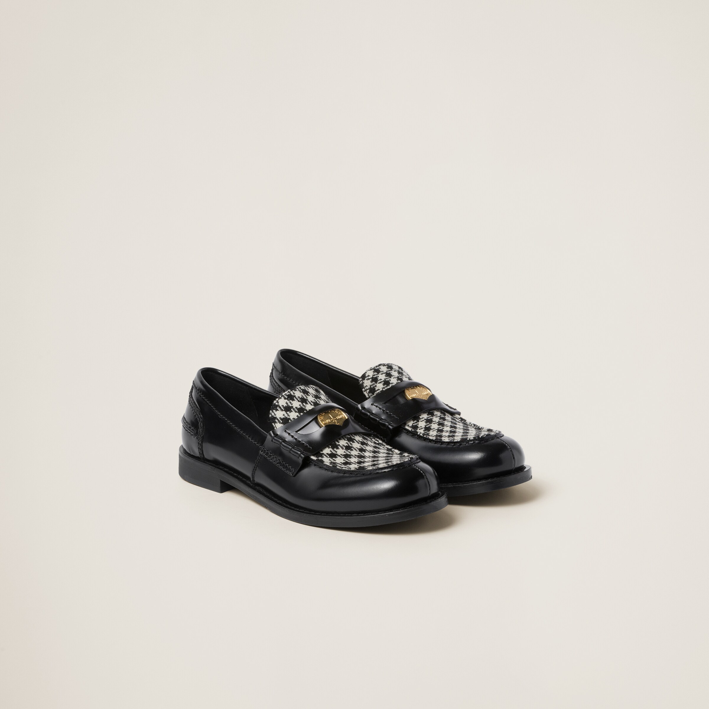 Miu Miu Brushed Leather And Gingham Check Fabric Loafers In
