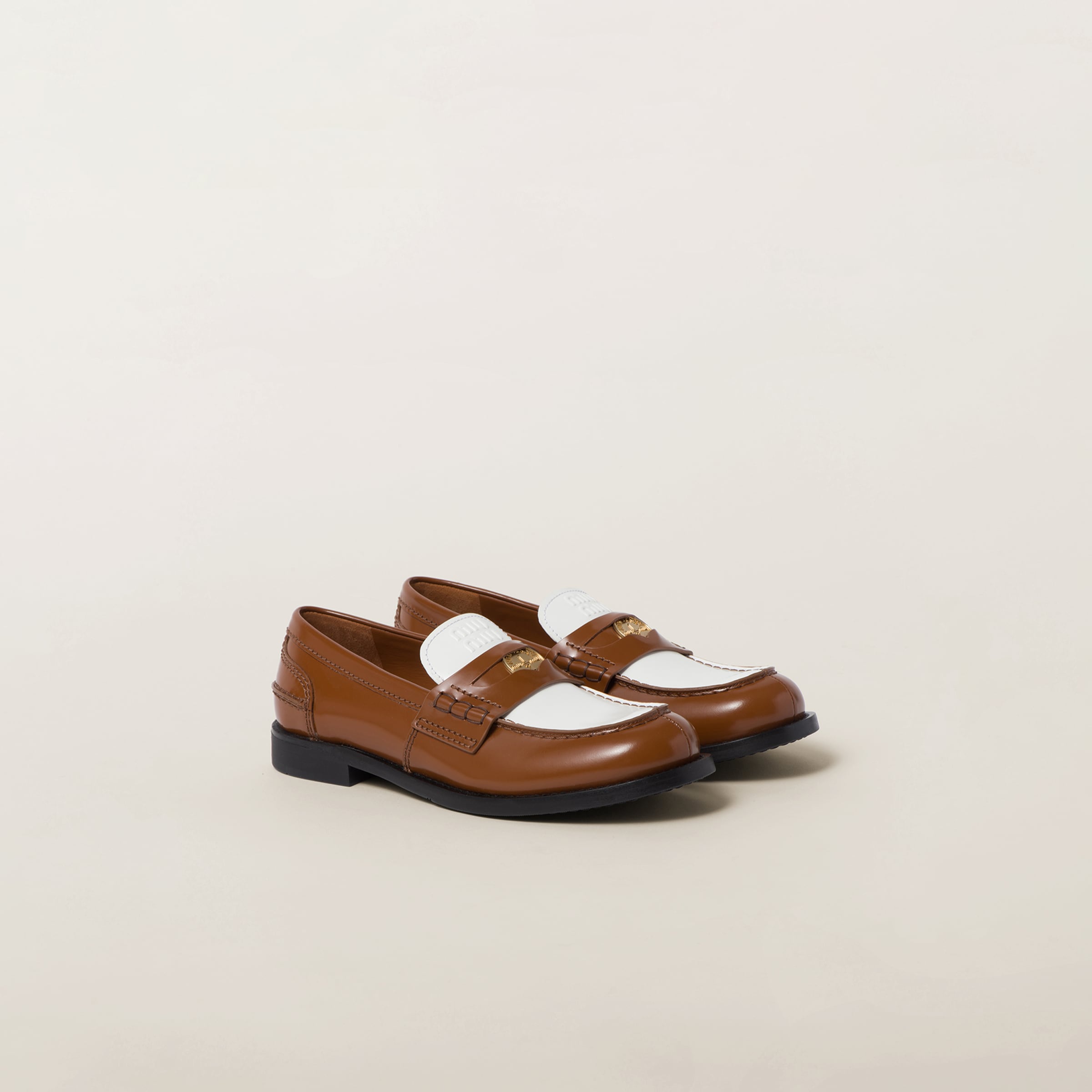 Miu Miu Leather Penny Loafers In Cognac/white
