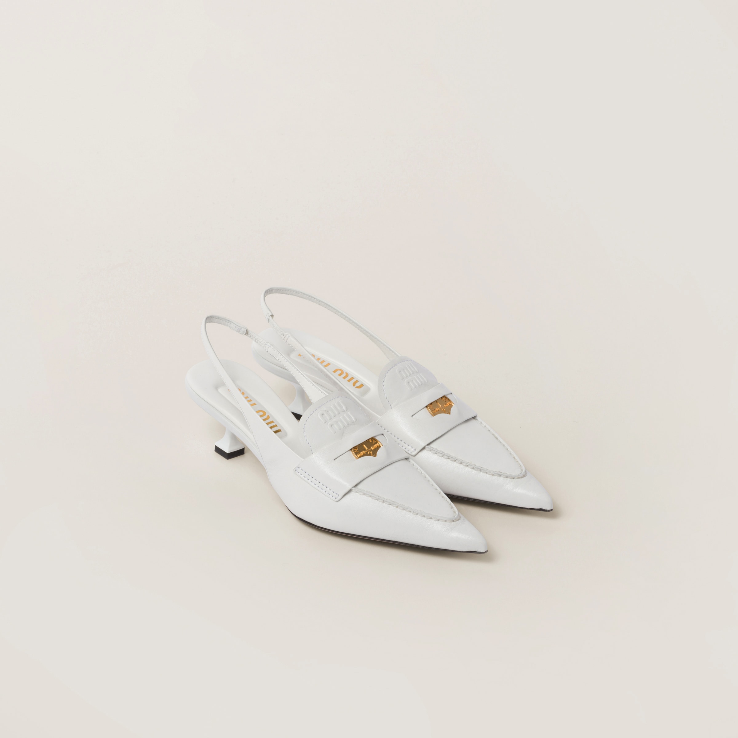 White Leather Penny Loafers With Heel Miu Miu