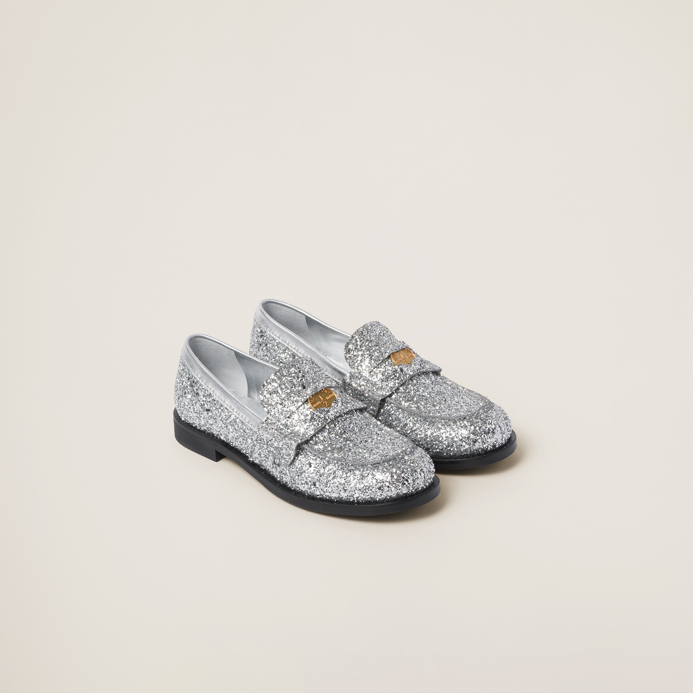Silver Glitter Loafers Miu Miu