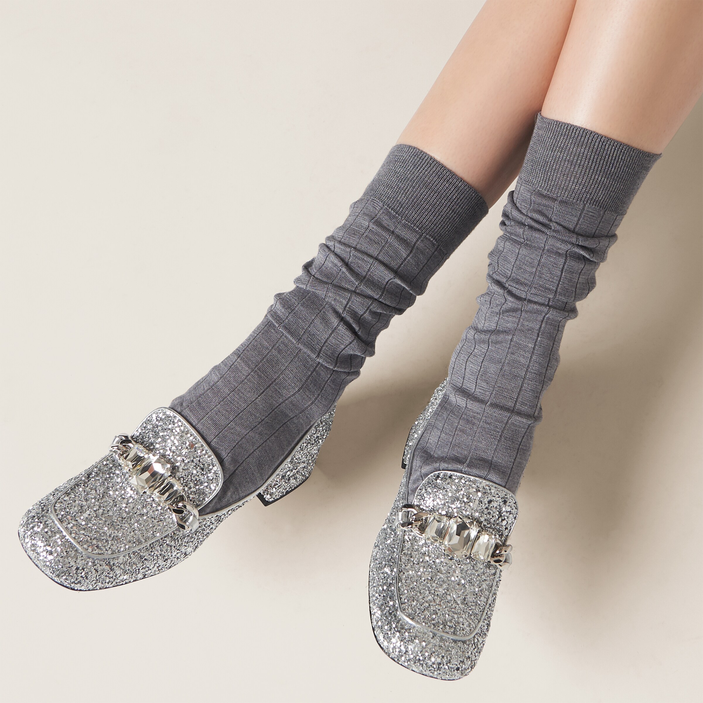 Silver Glitter Fabric Loafers Miu Miu