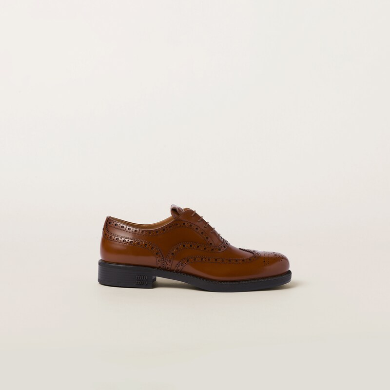 MIUMIU 26S CHURCH BROGUE MONK STRAP SHOES IN RUST ORANGE PATENT CALFSKIN