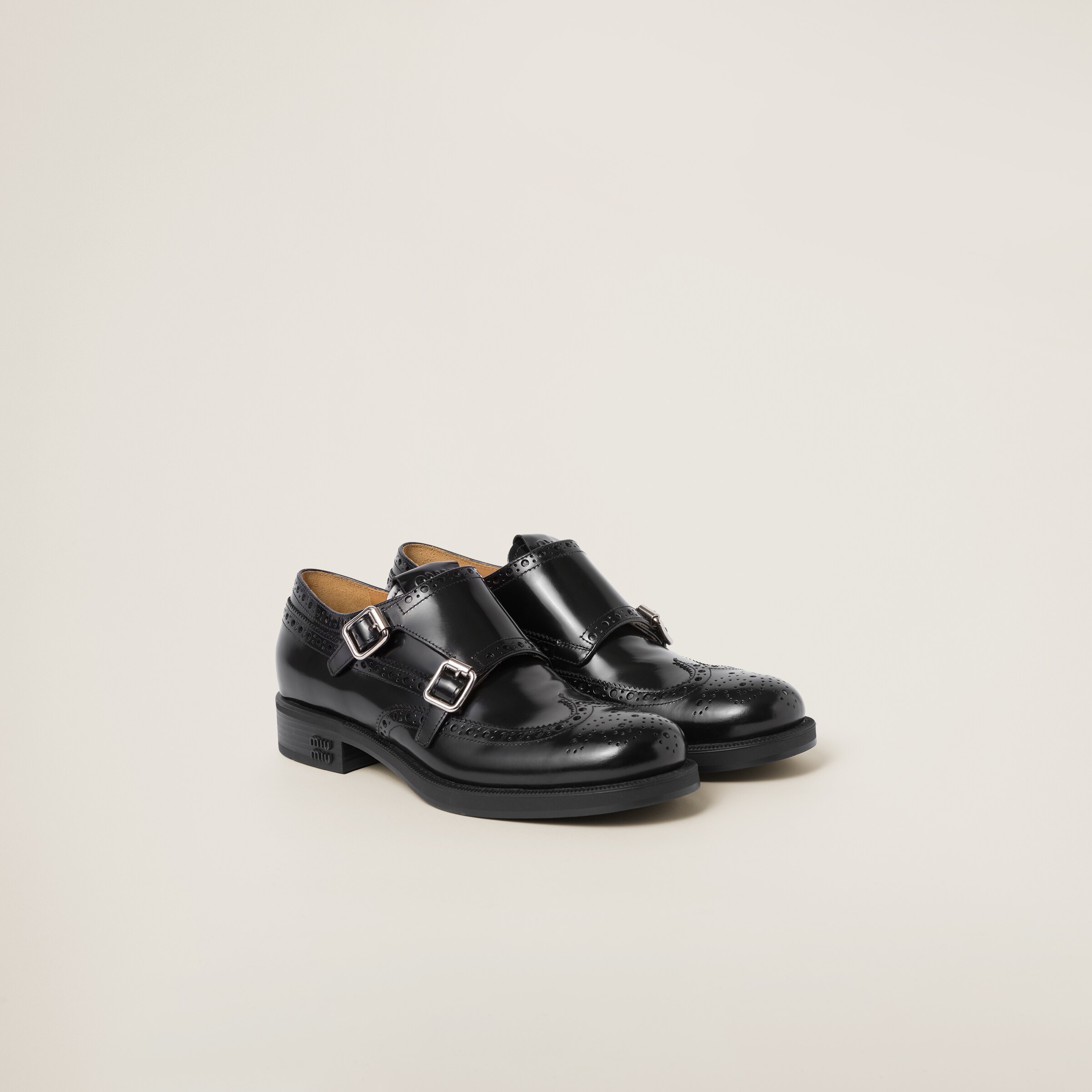 Miu Miu Church's X  Brushed Leather Double Monk Brogue Shoes In Black