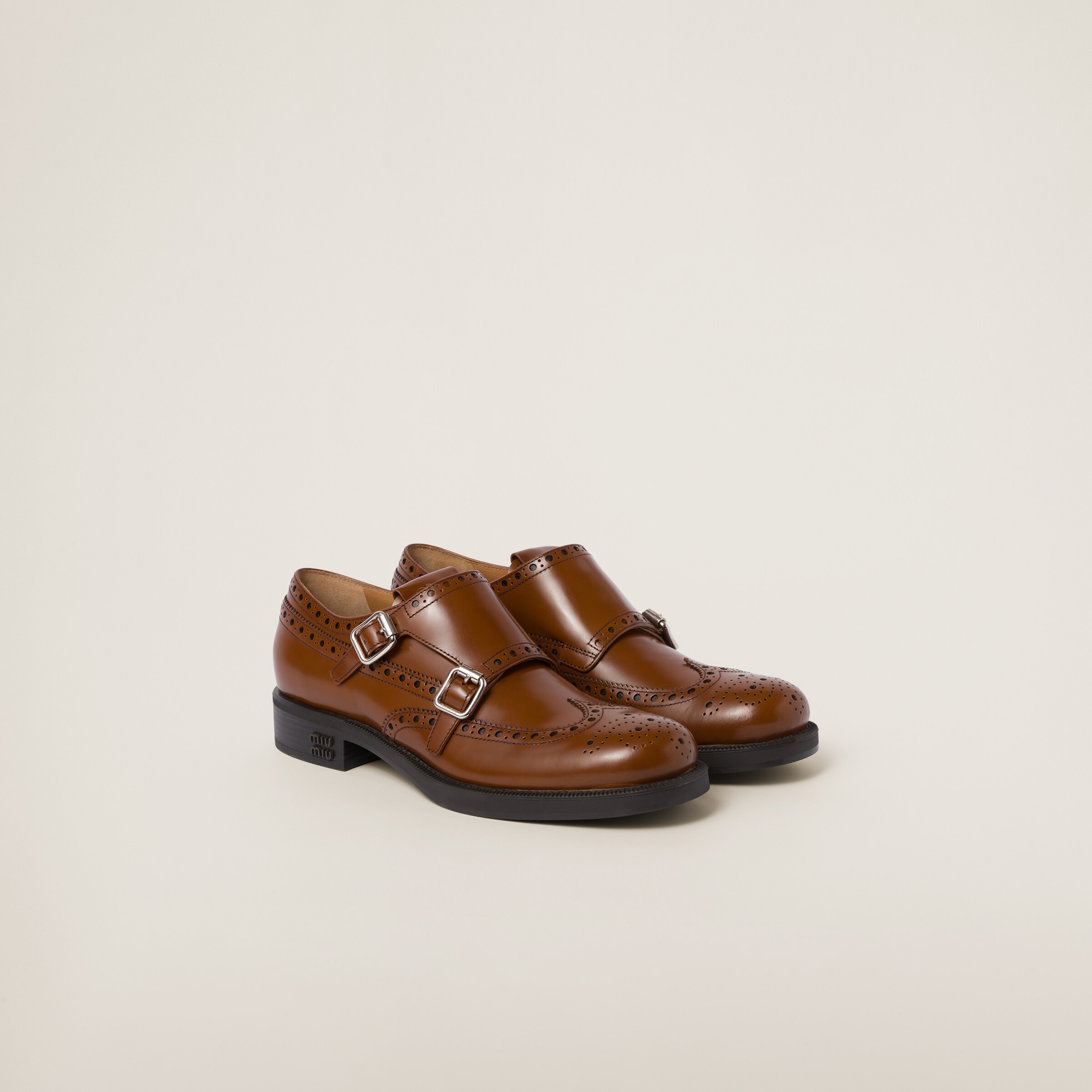 Miu Miu Brogue Leather Double Monk Loafers In Tobacco