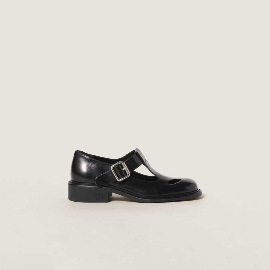 Black Leather T bar Shoes Miu Miu