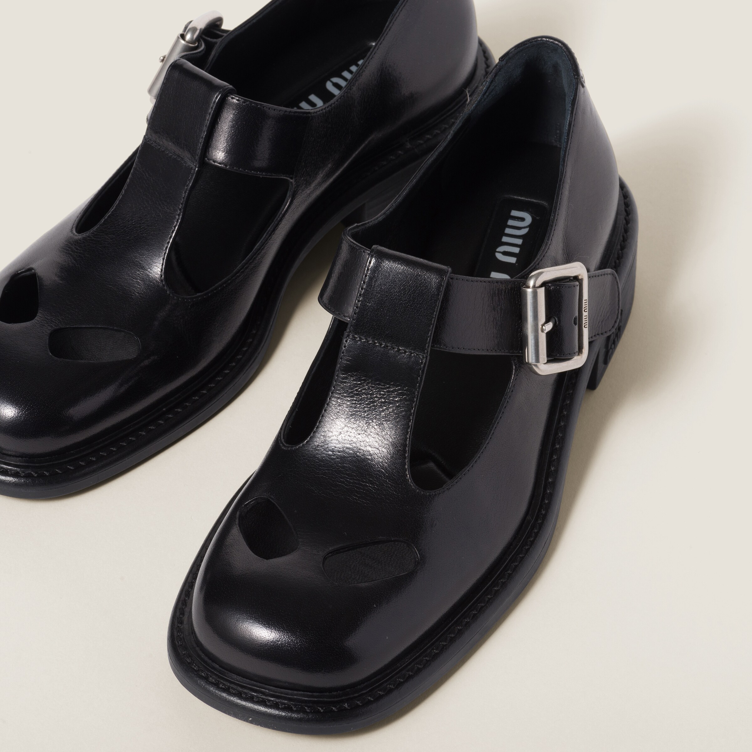 Black Leather T bar Shoes Miu Miu