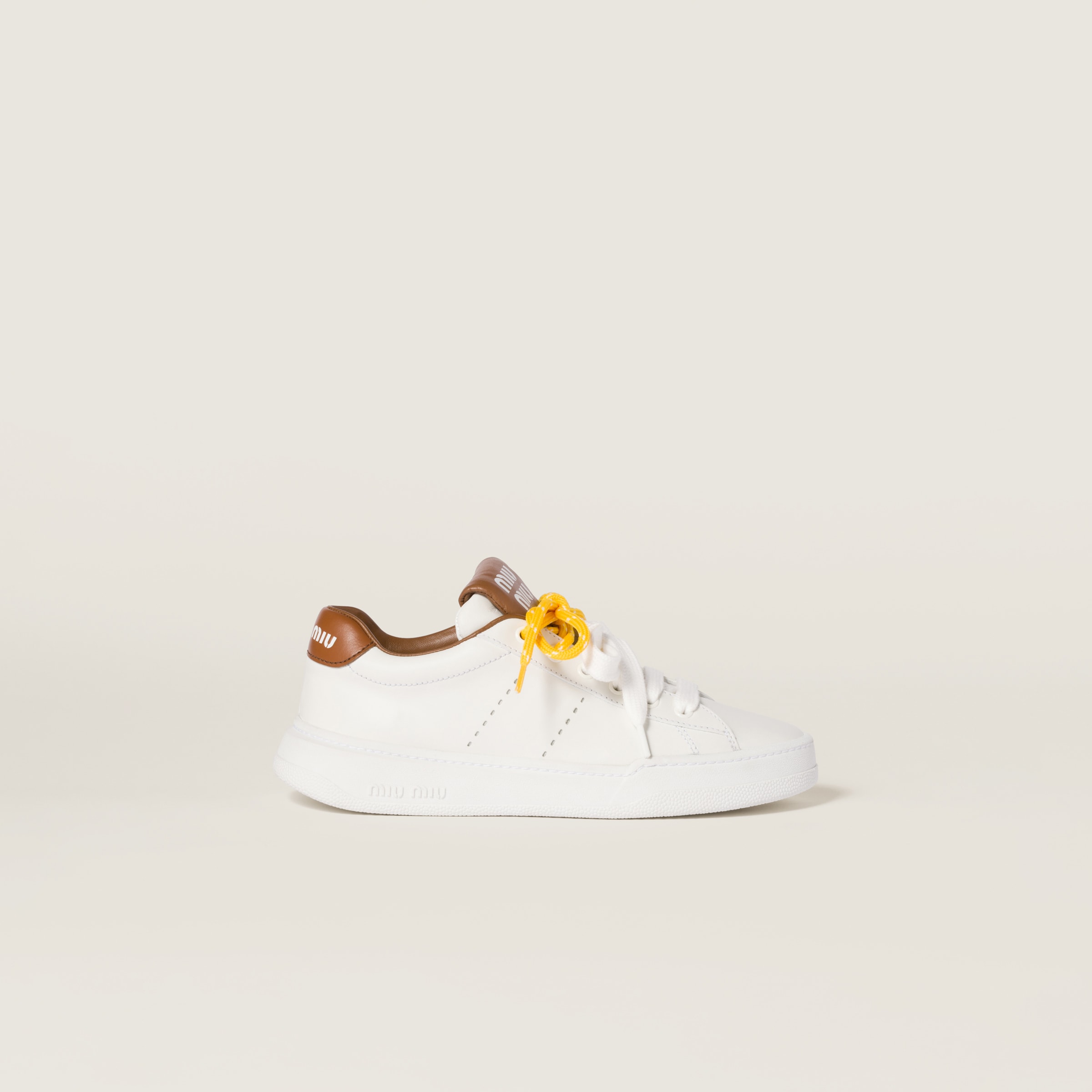 Miu Miu Leather Sneakers In White/cognac