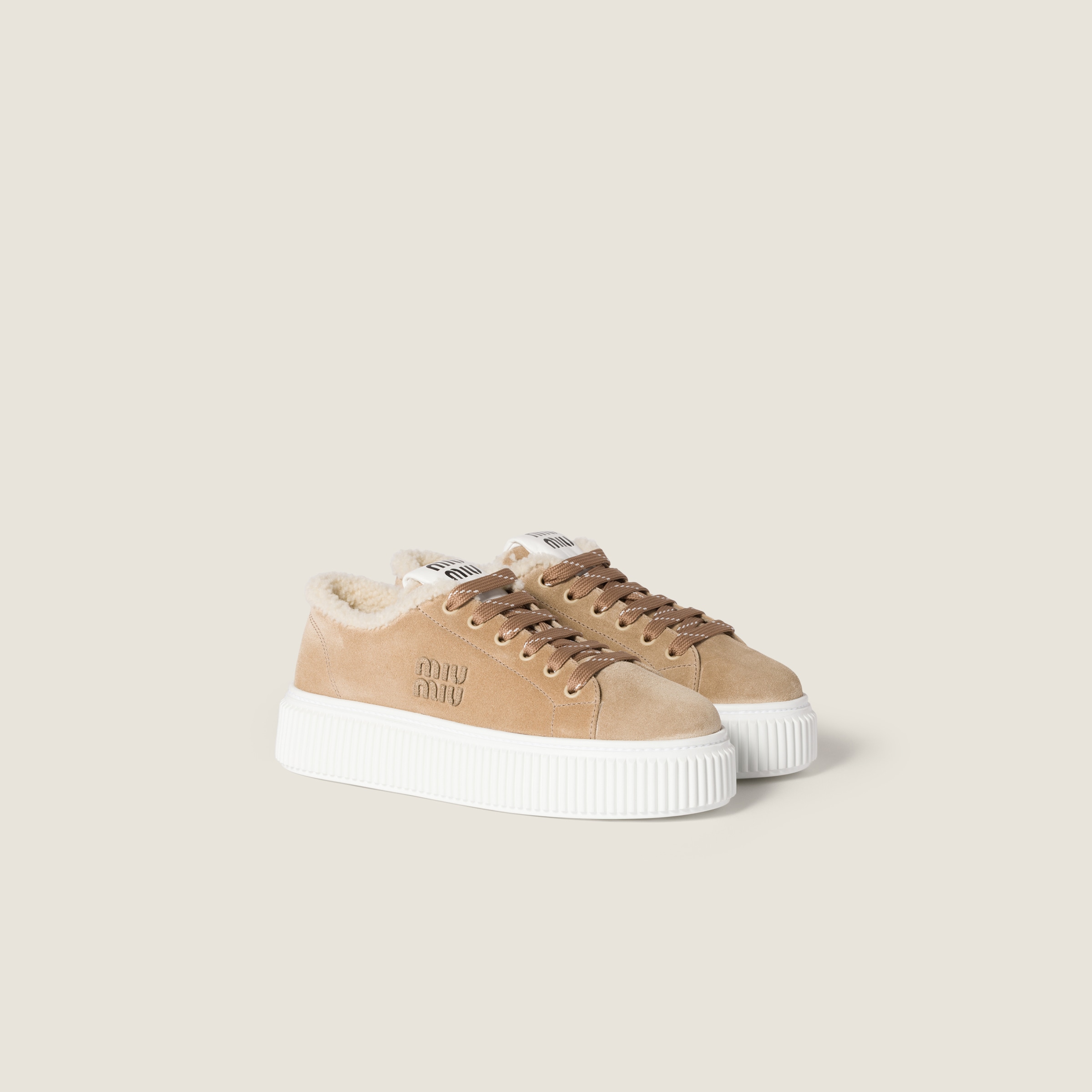 Miu Miu Suede Platform Sneakers Featuring Shearling Trim In Multi