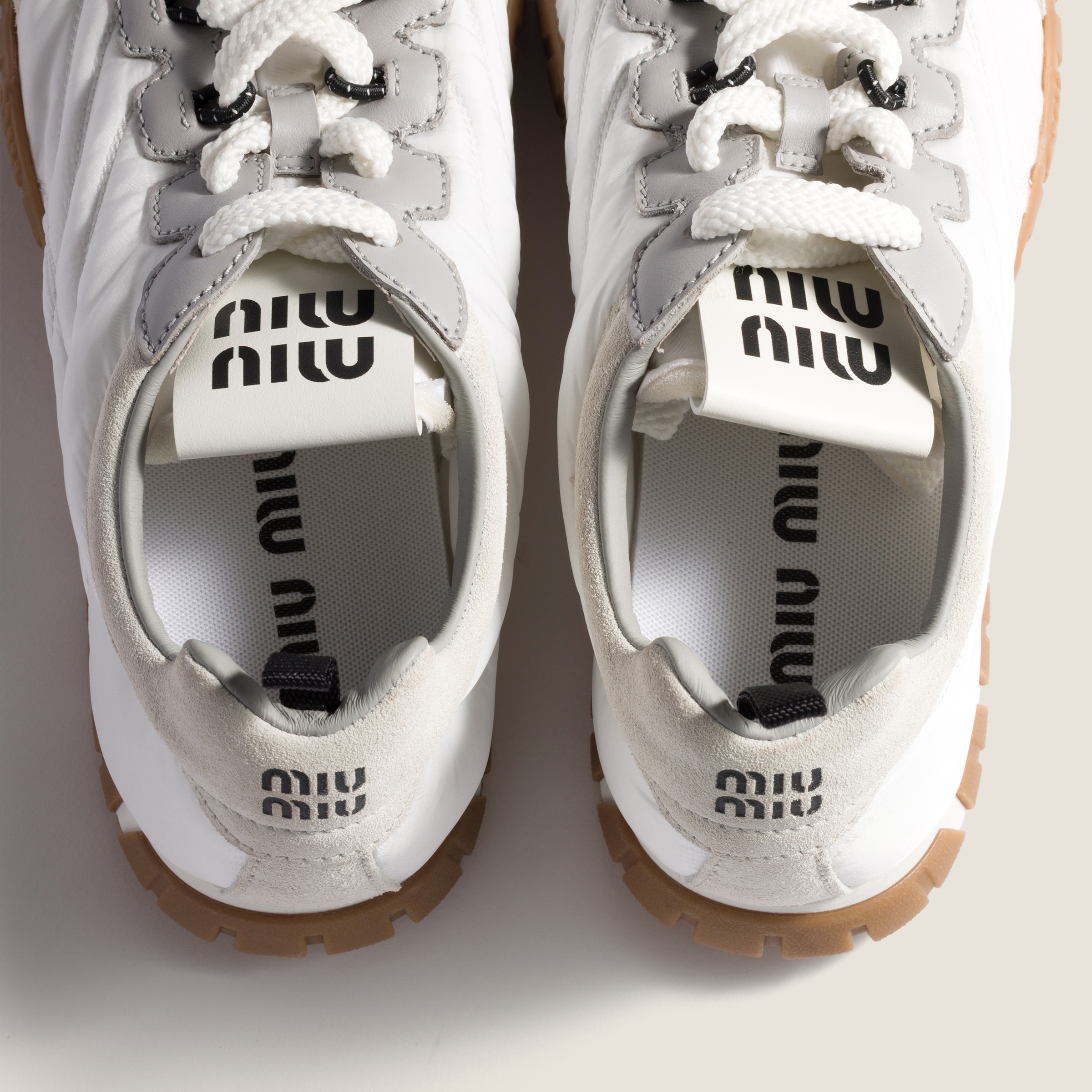 White/granite Gray Tyre Technical Fabric And Suede Sneakers | Miu Miu