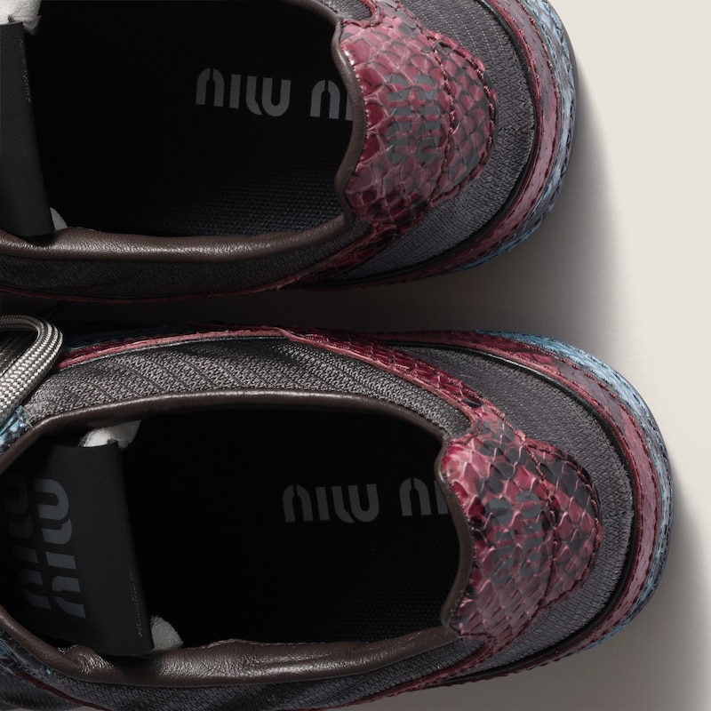 Gymnasium technical fabric and python-print Ayers leather sneakers