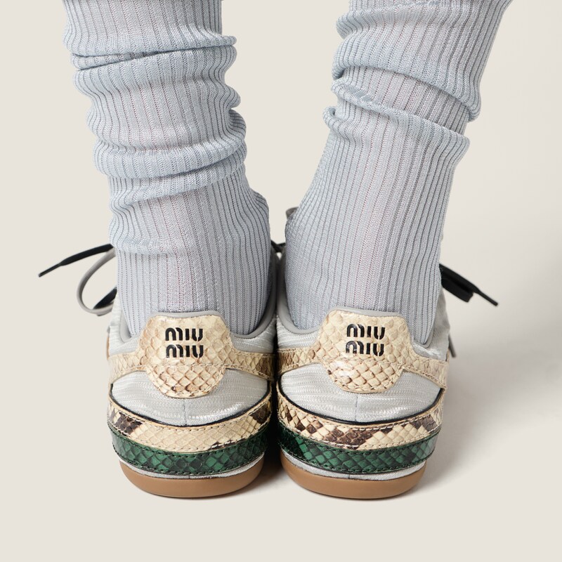 Gymnasium technical fabric and python-print Ayers leather sneakers