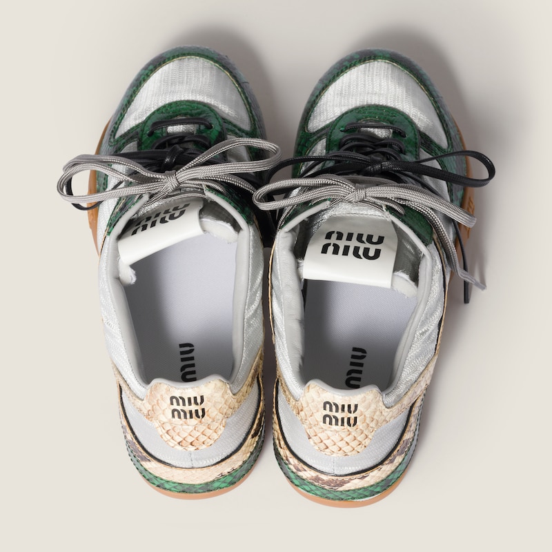 Gymnasium technical fabric and python-print Ayers leather sneakers