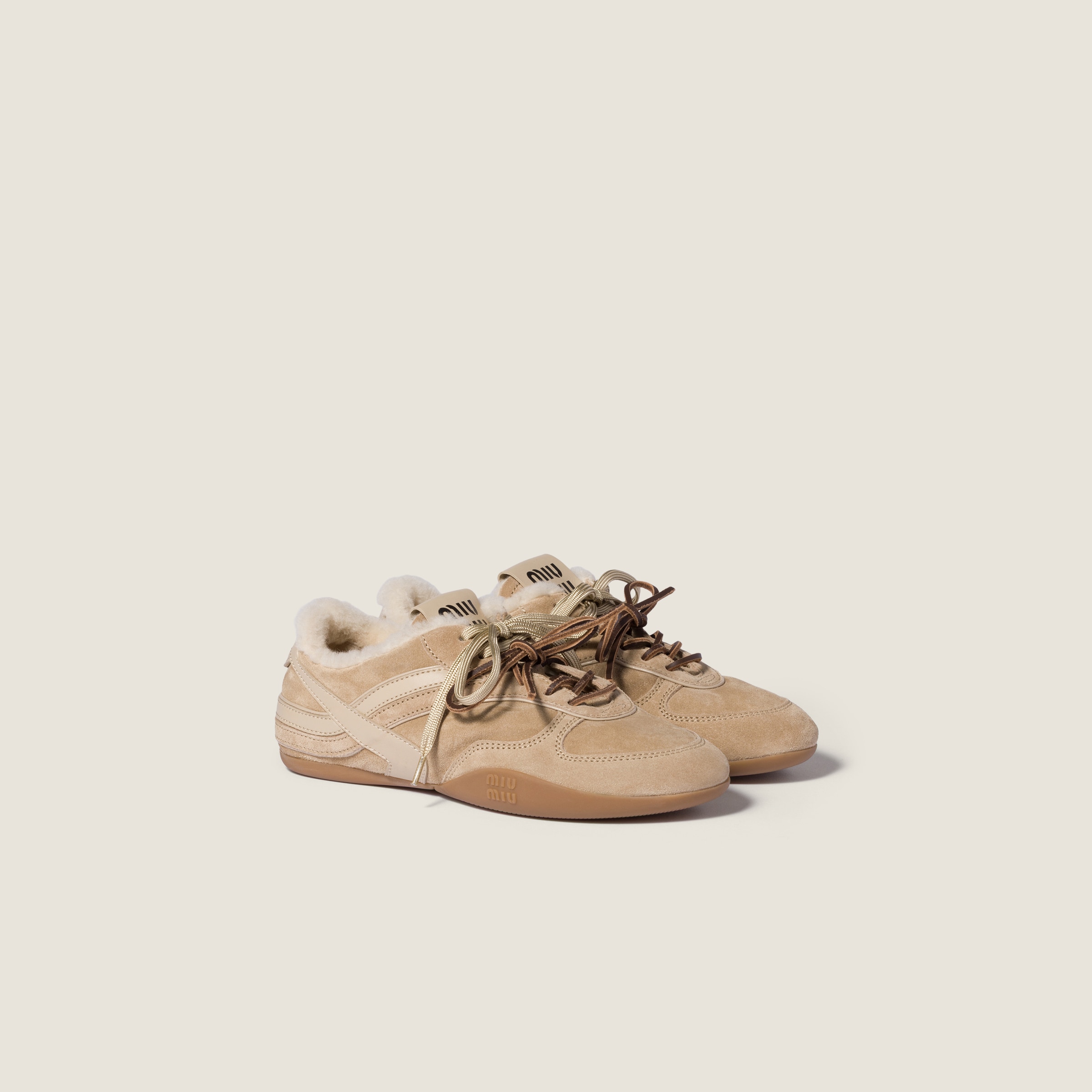 Miu Miu Gymnasium Suede And Shearling Sneakers In Neutral