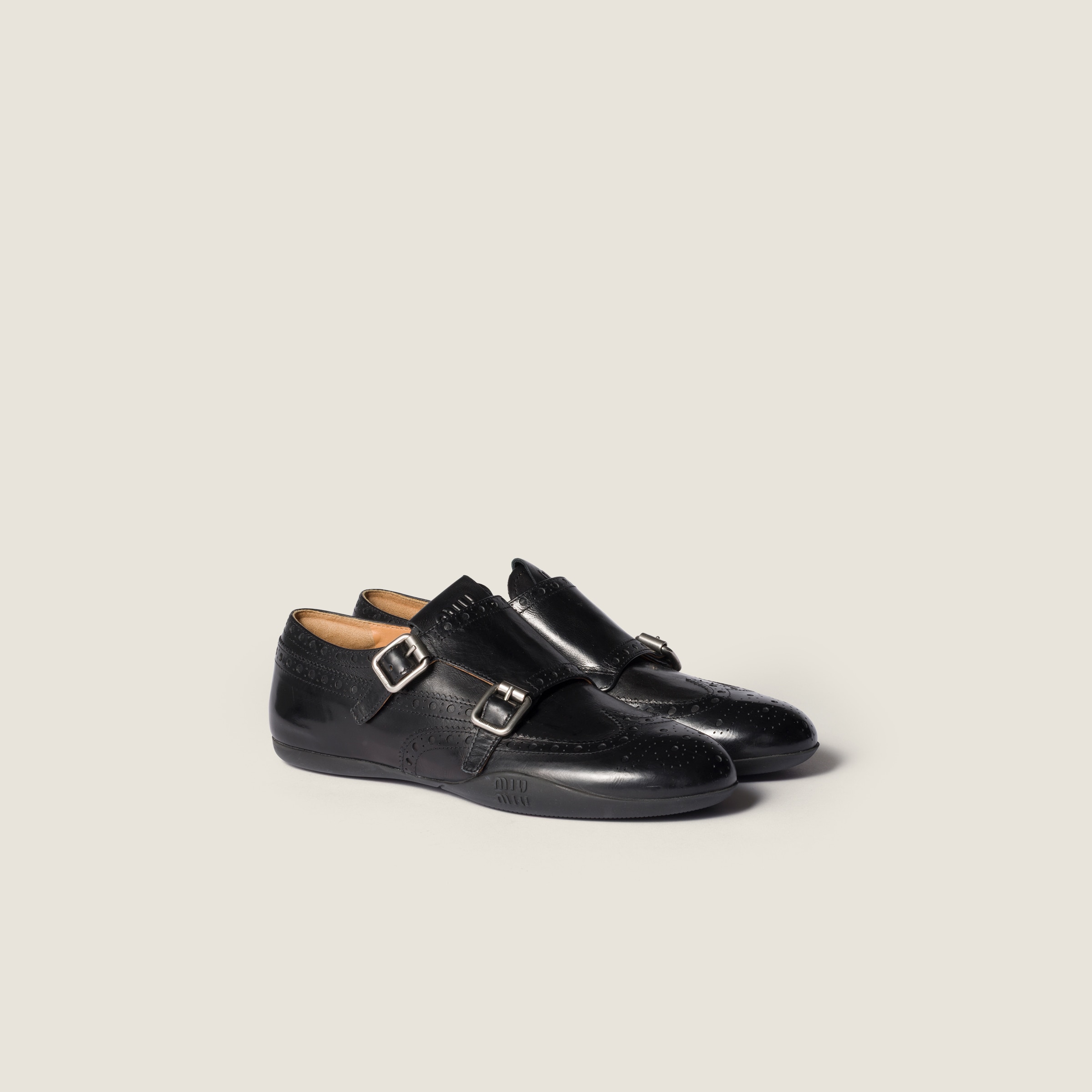 Miu Miu Calf Leather Brogue Shoe With Buckles In Black