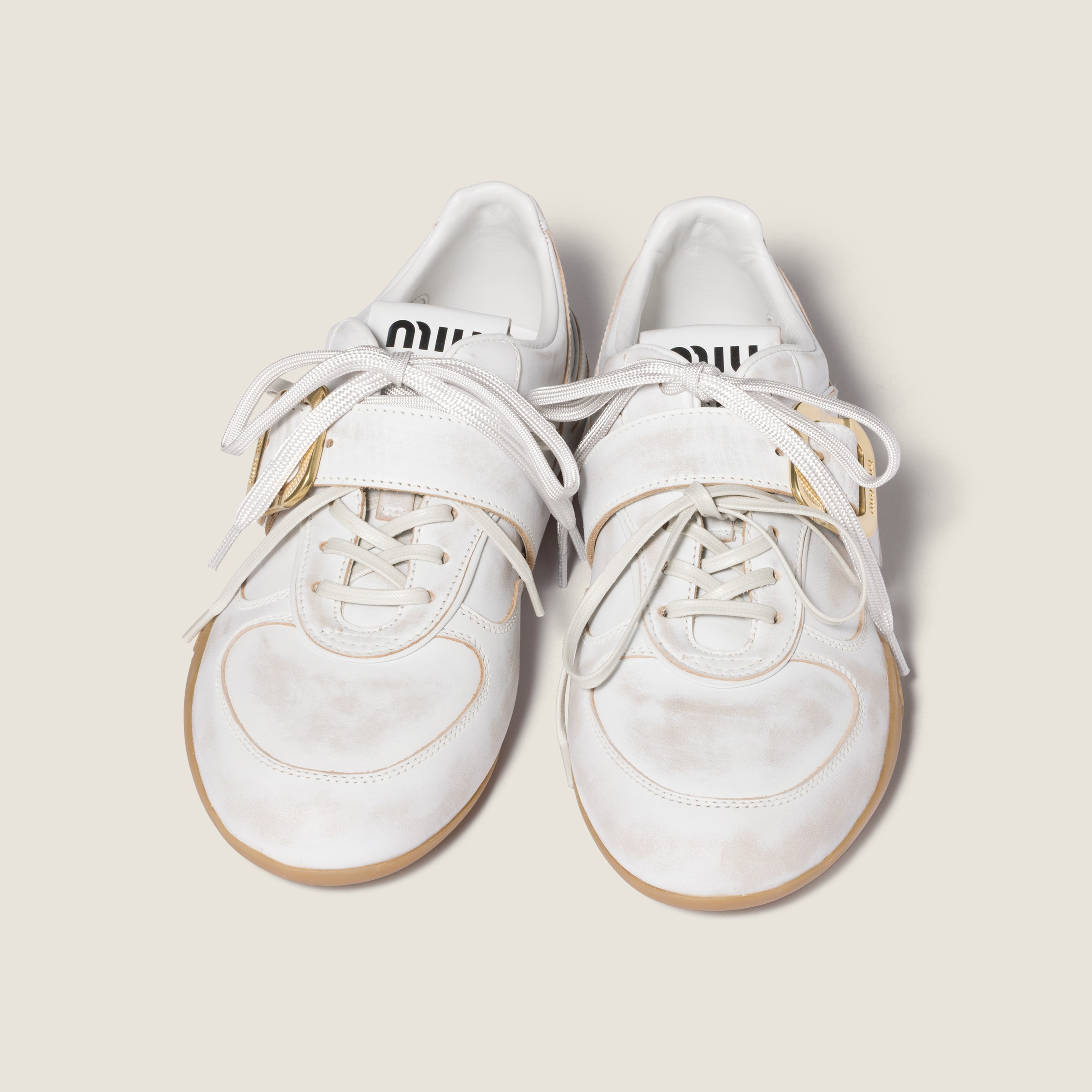 White Gymnasium Leather Sneakers With Strap And Buckle | Miu Miu