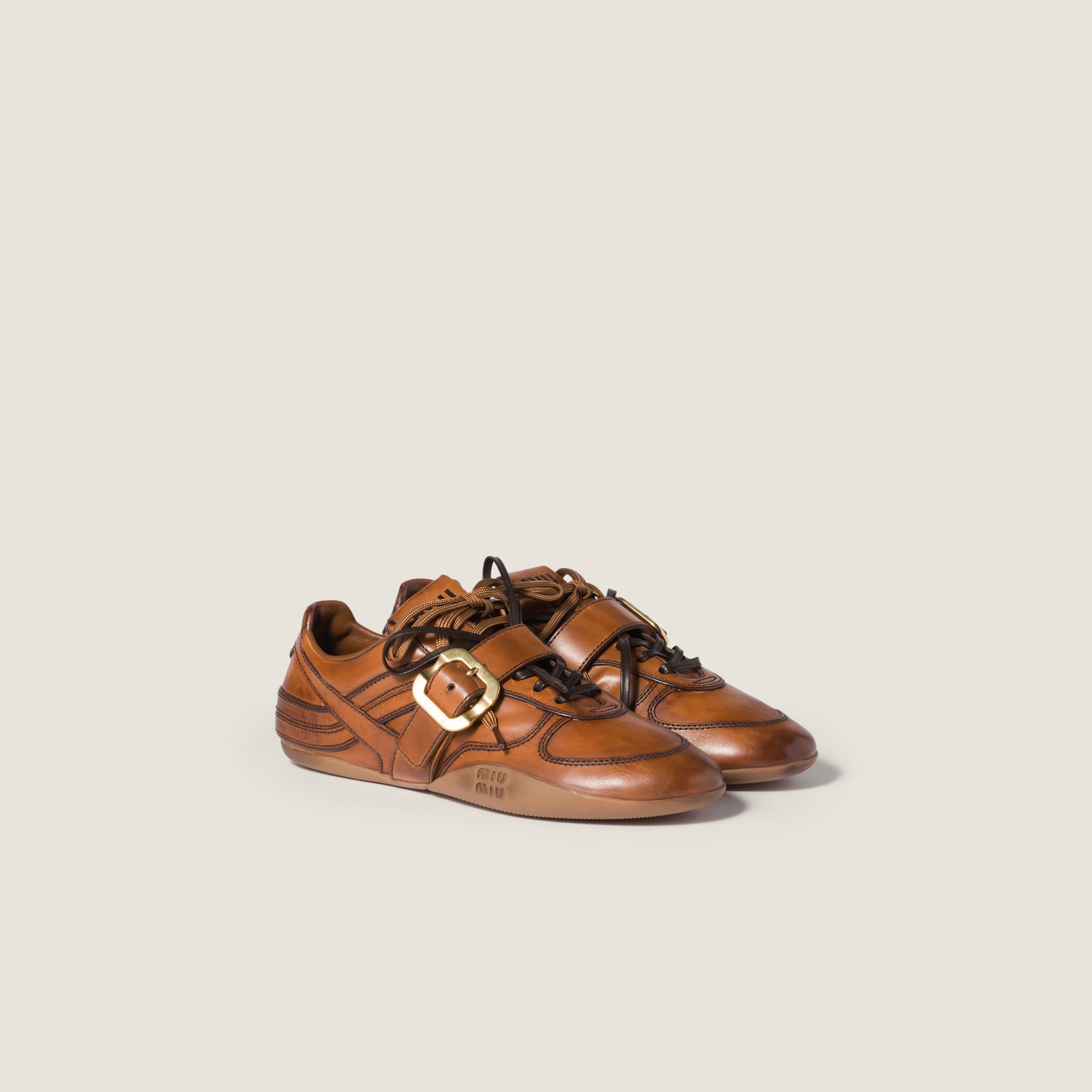 Cognac Leather Sneakers With Buckle | Miu Miu