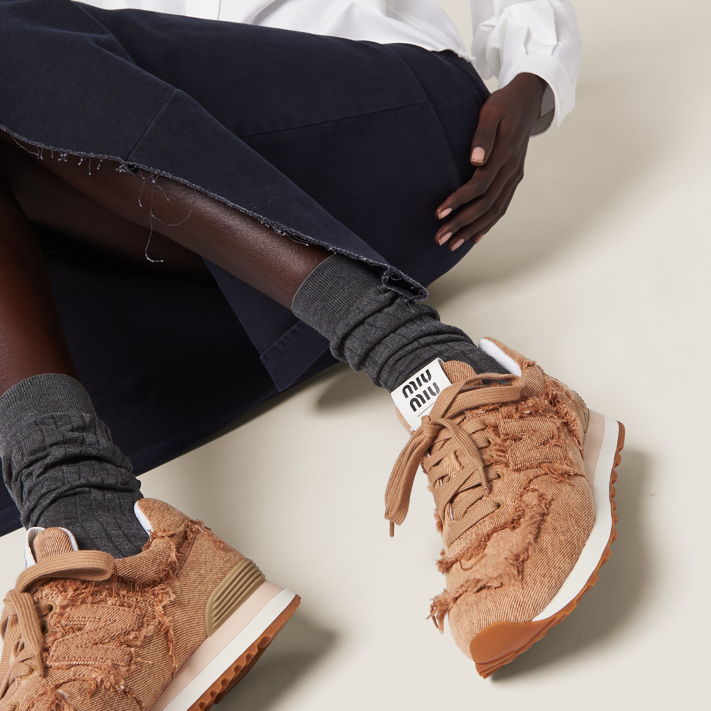Cognac New Balance 574 X Miu Miu Marbleized Denim Sneakers | Miu Miu