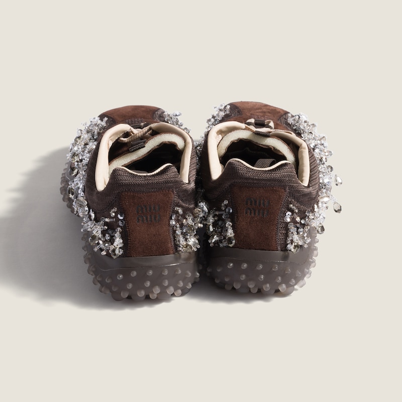 Bubble embroidered technical fabric and suede sneakers