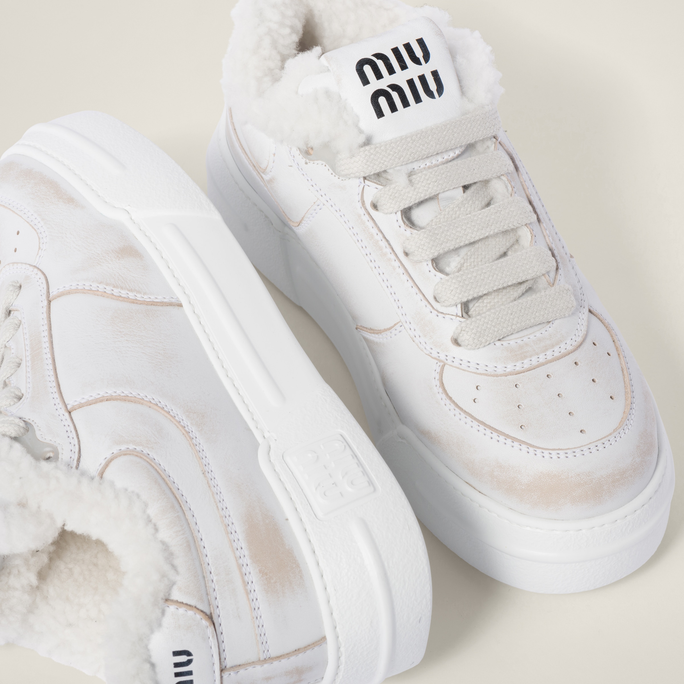 White Bleached Leather Sneakers Miu Miu