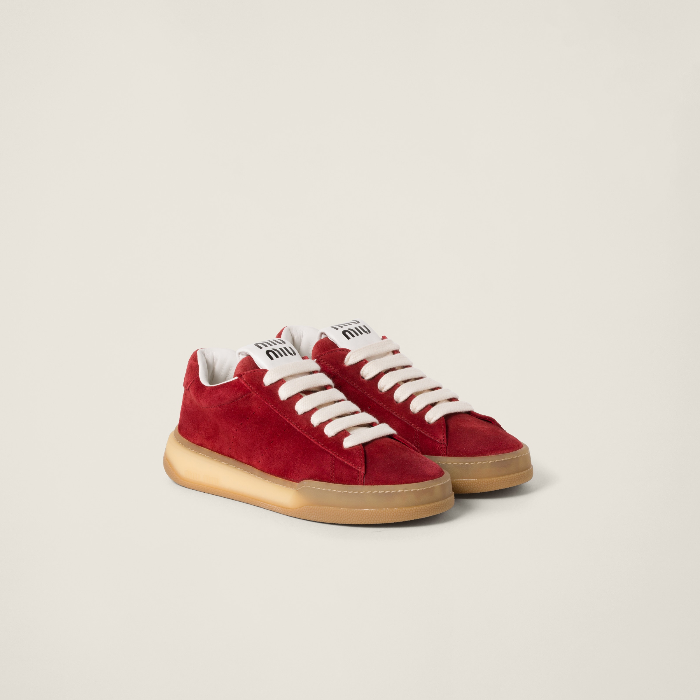 Miu Miu Bleached Suede Trainers In Scarlet