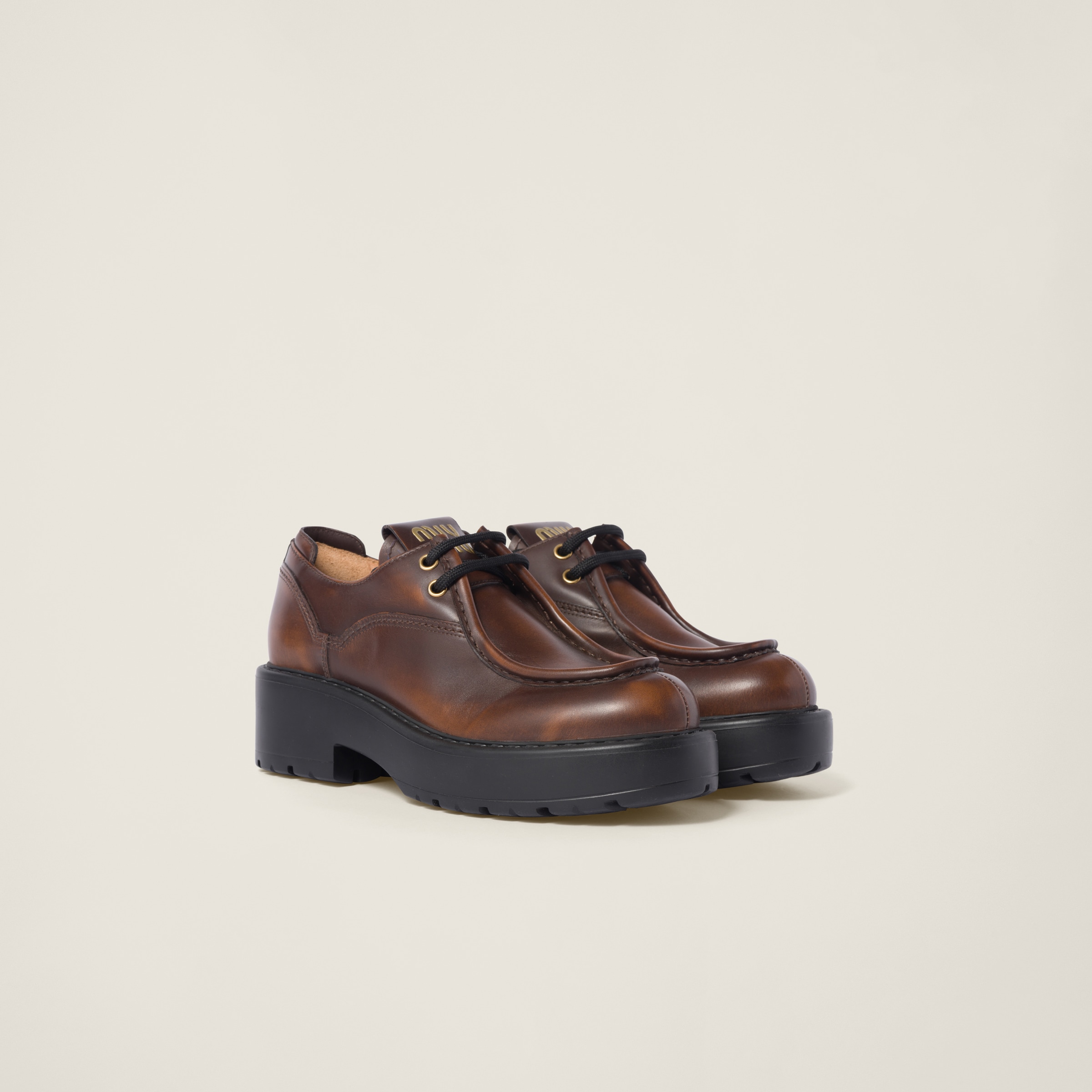 Chaussures A Lacets En Cuir Fume Terre De Sienne Miu Miu