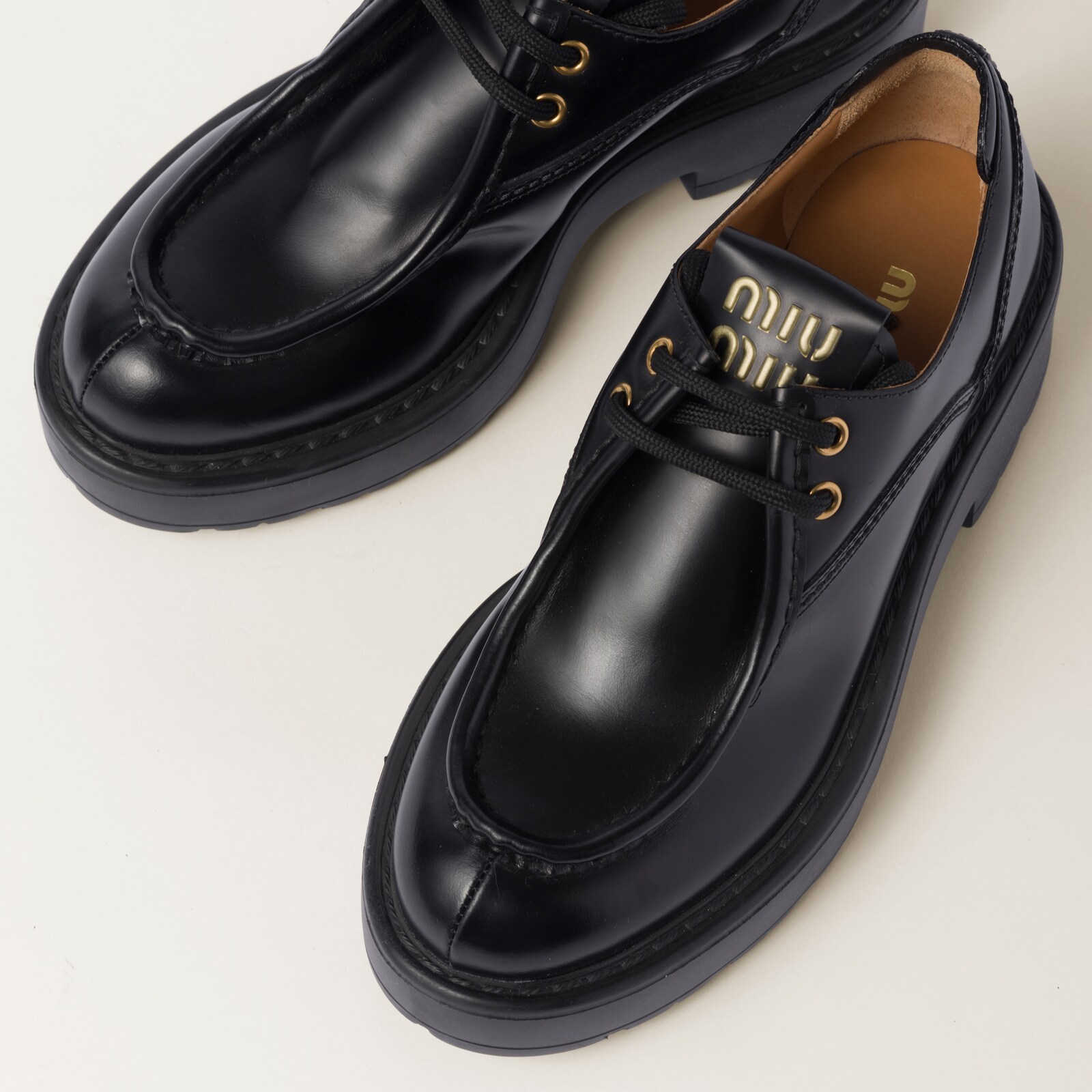 MIUMIU 26S LACE-UP LOAFERS IN BLACK SHINY CALFSKIN main image 0