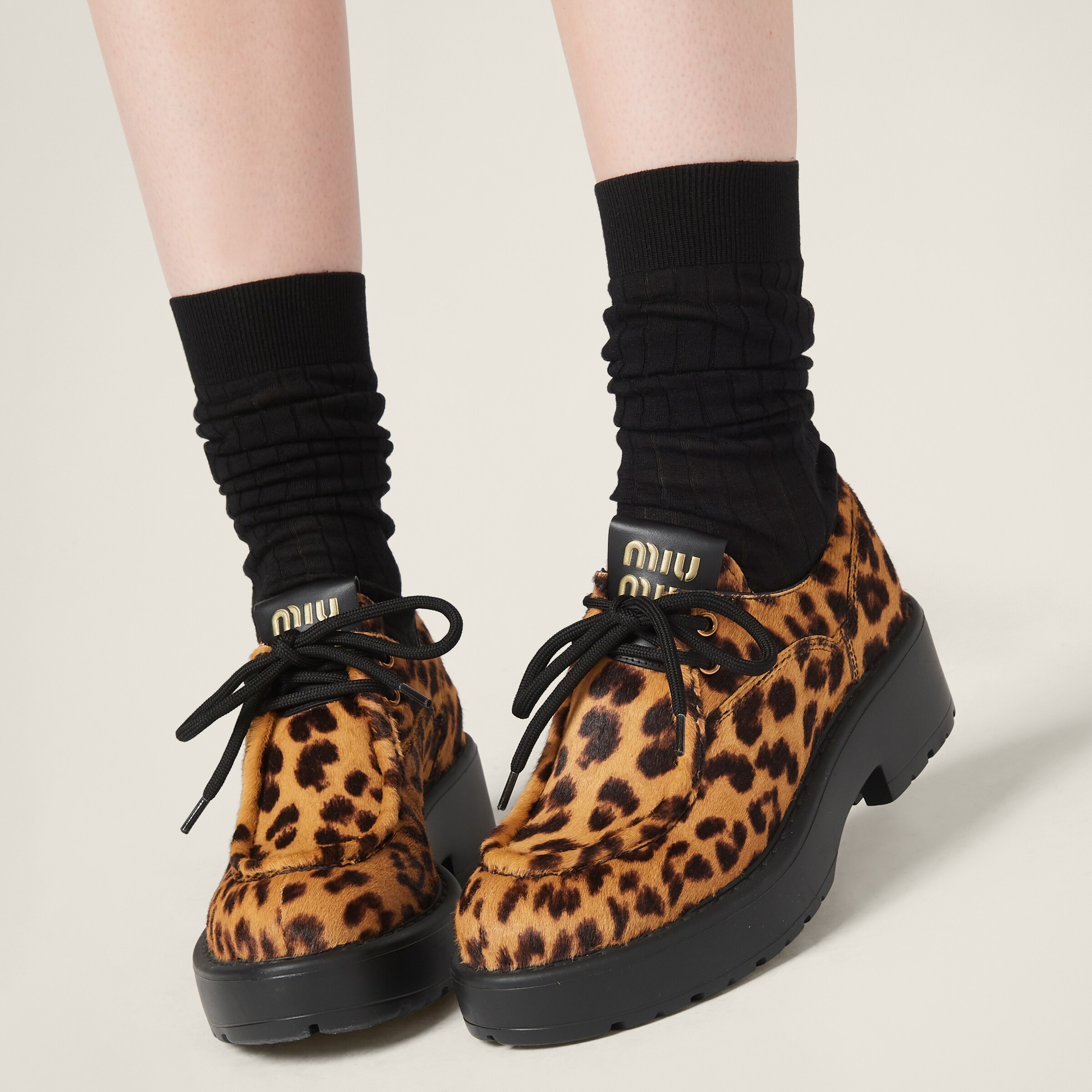 Honey Leopard print Calf Hair Leather Lace up Shoes Miu Miu