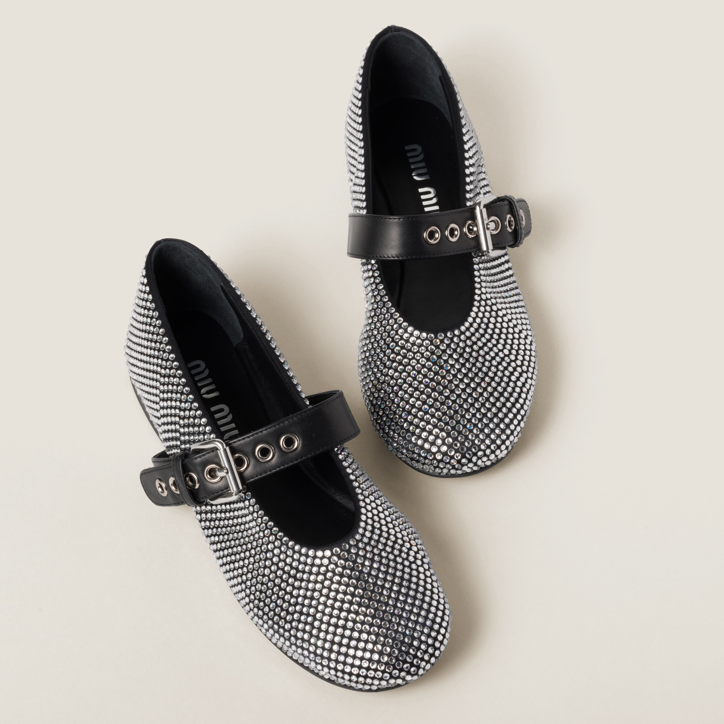 Miu Miu Satin Ballerinas With Crystals In Black