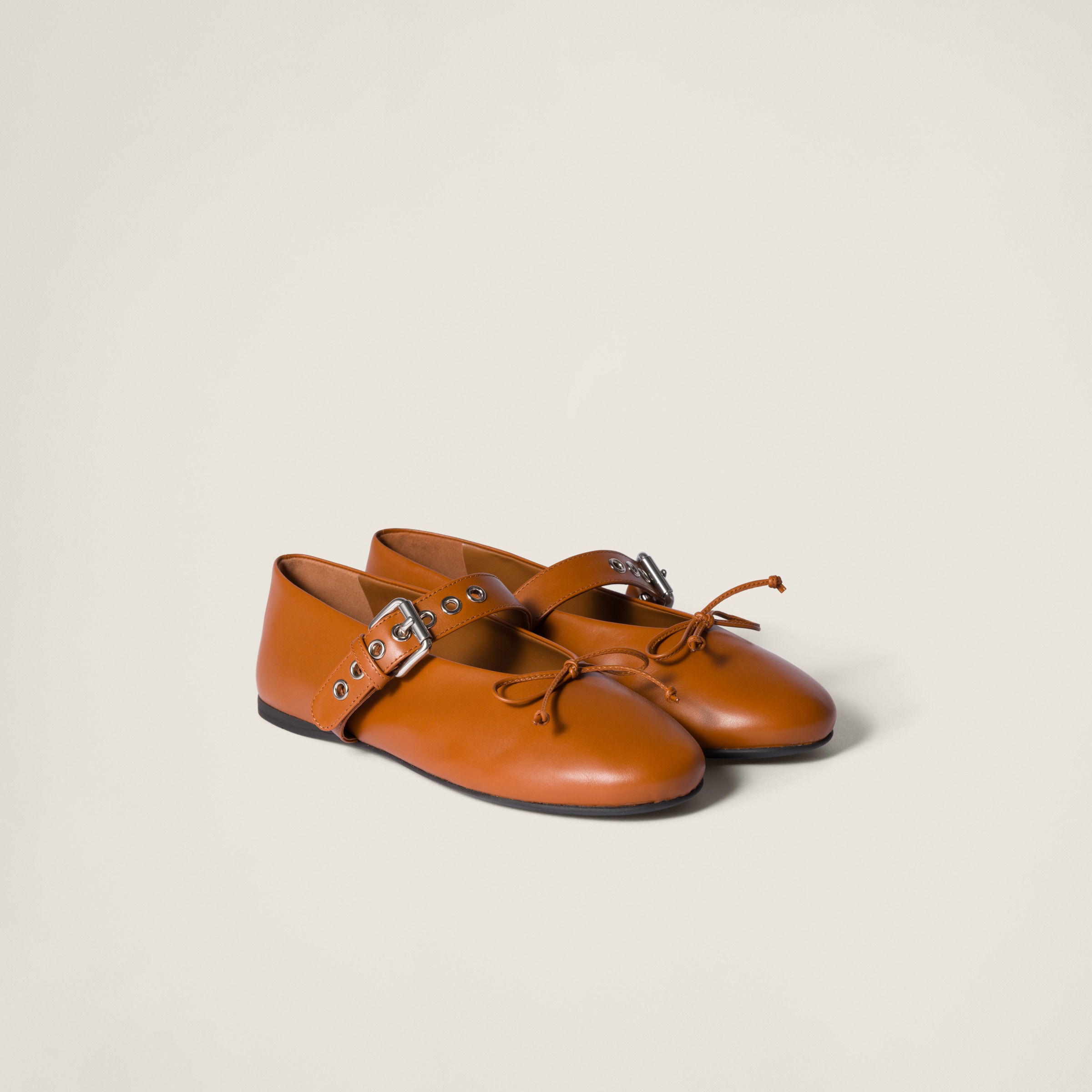 Miu Miu Leather Ballerinas In Cognac