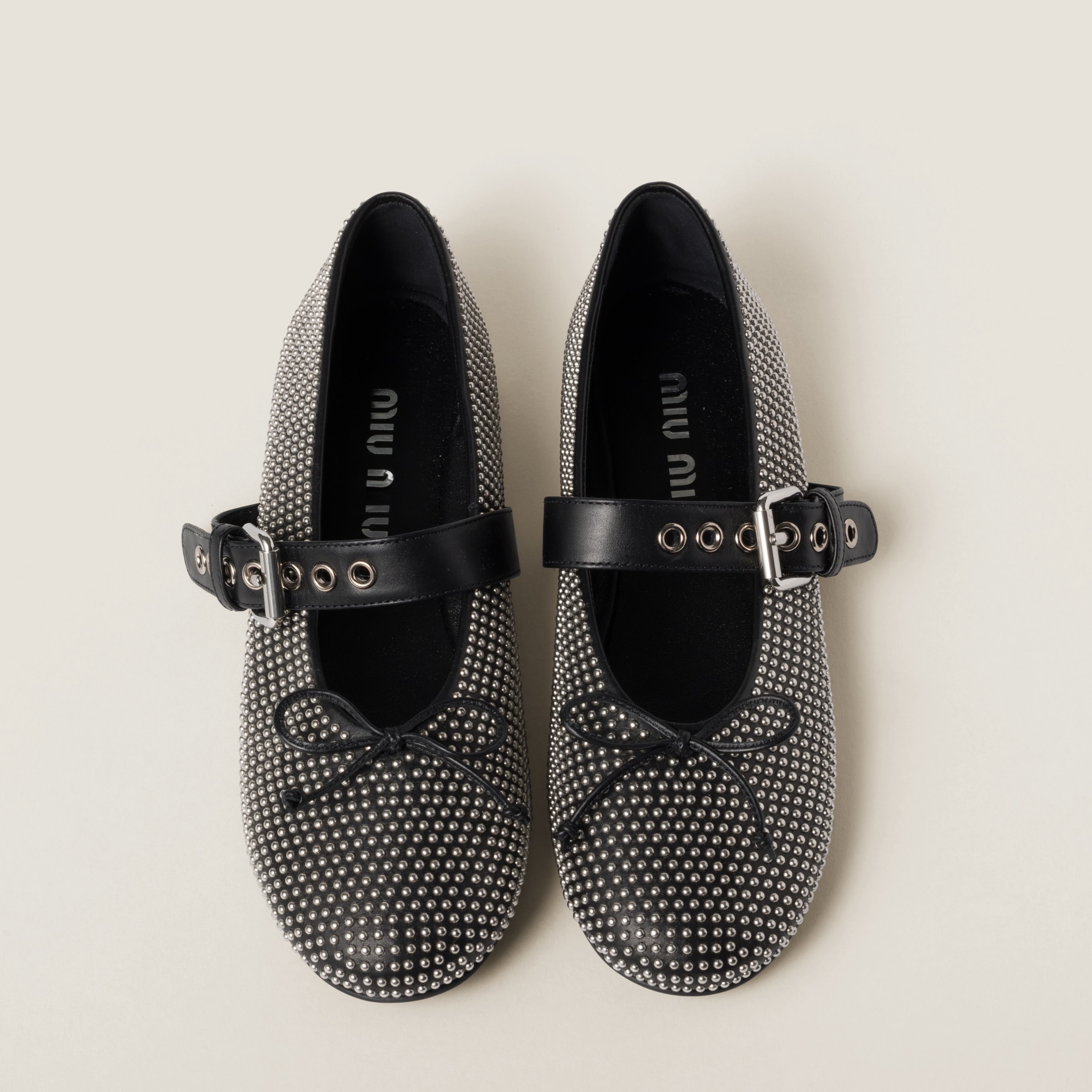 Miu Miu Embellished Leather Ballet Flats In Black