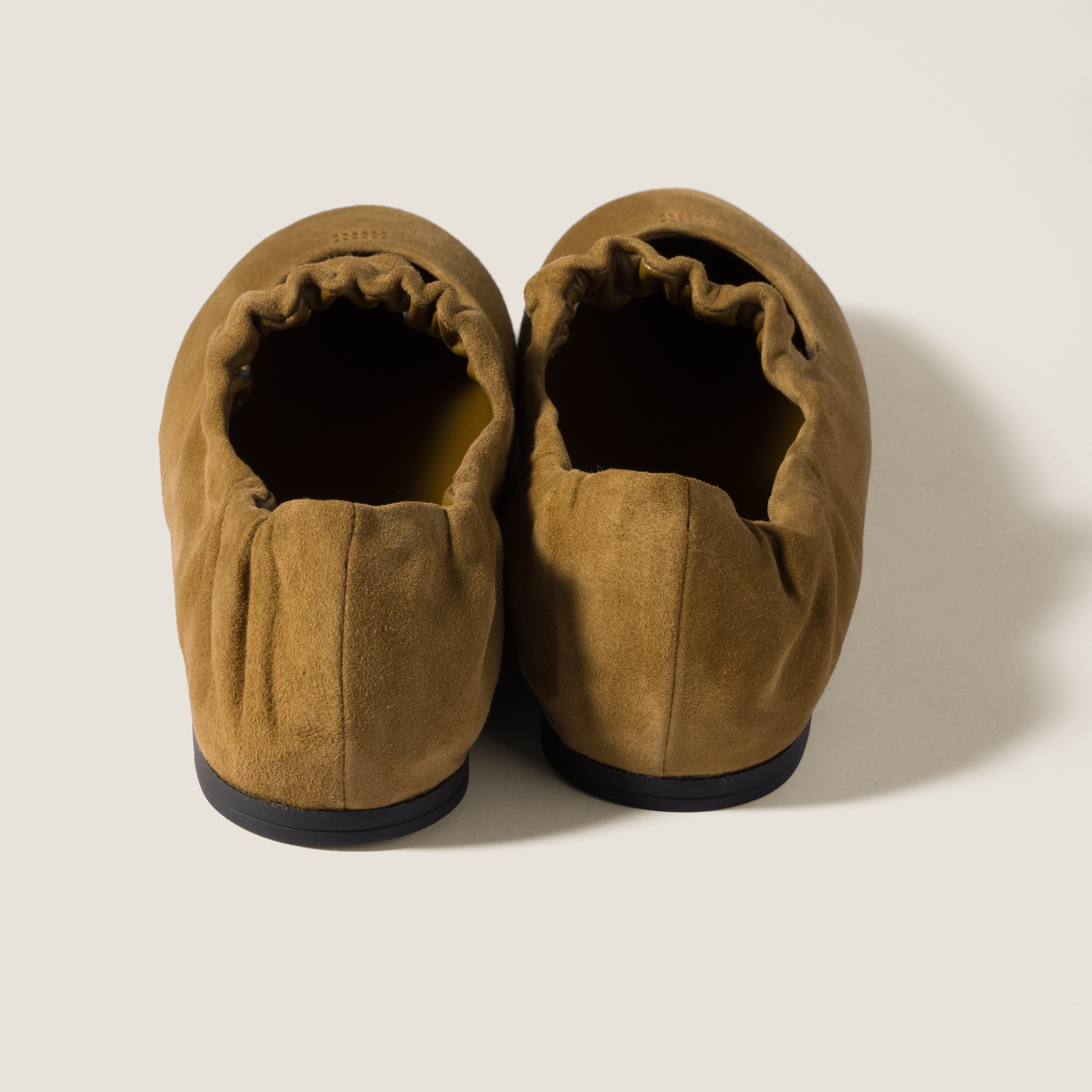 Miu Miu Ruched Suede Ballerina Shoes In Brown