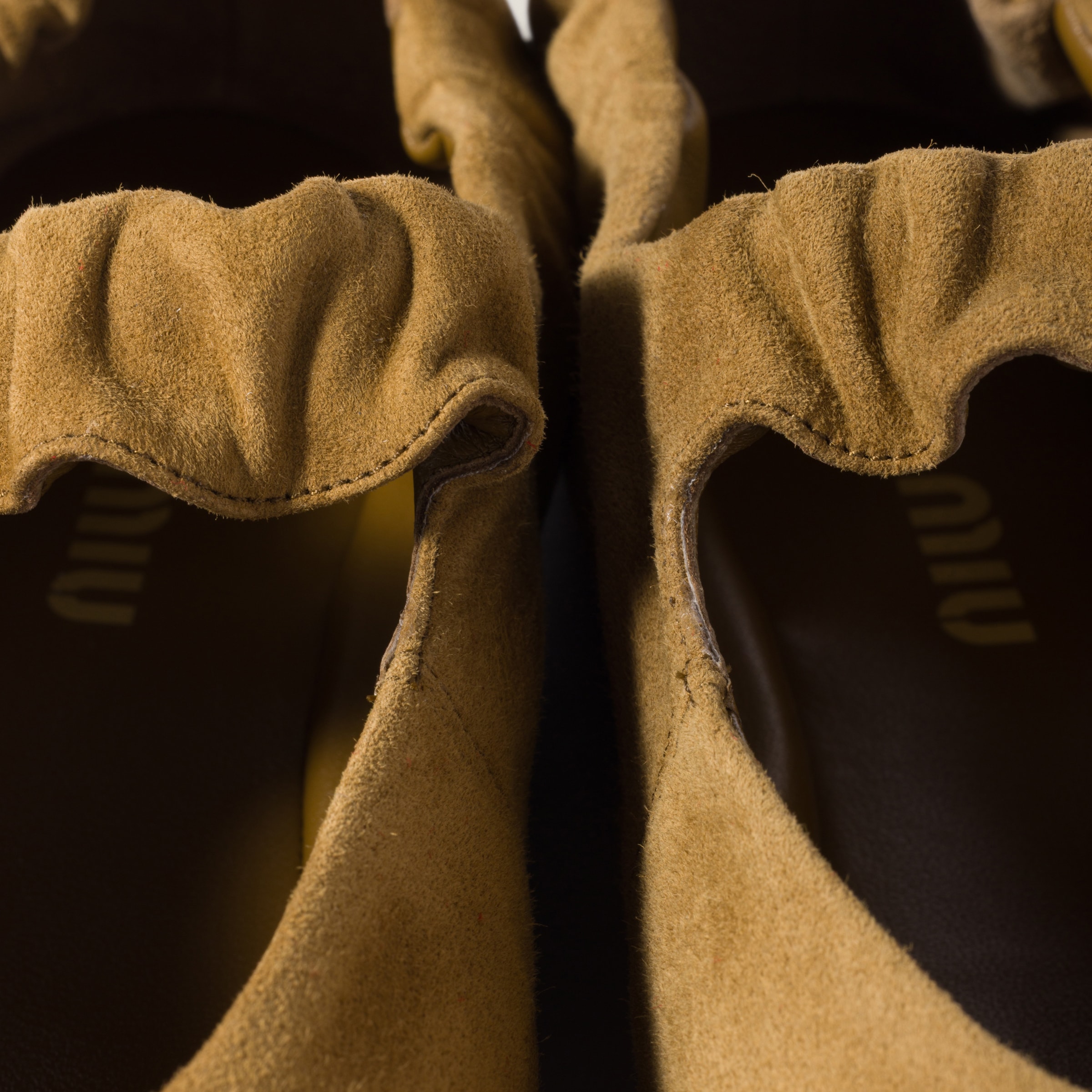 Miu Miu Ruched Suede Ballerina Shoes In Brown