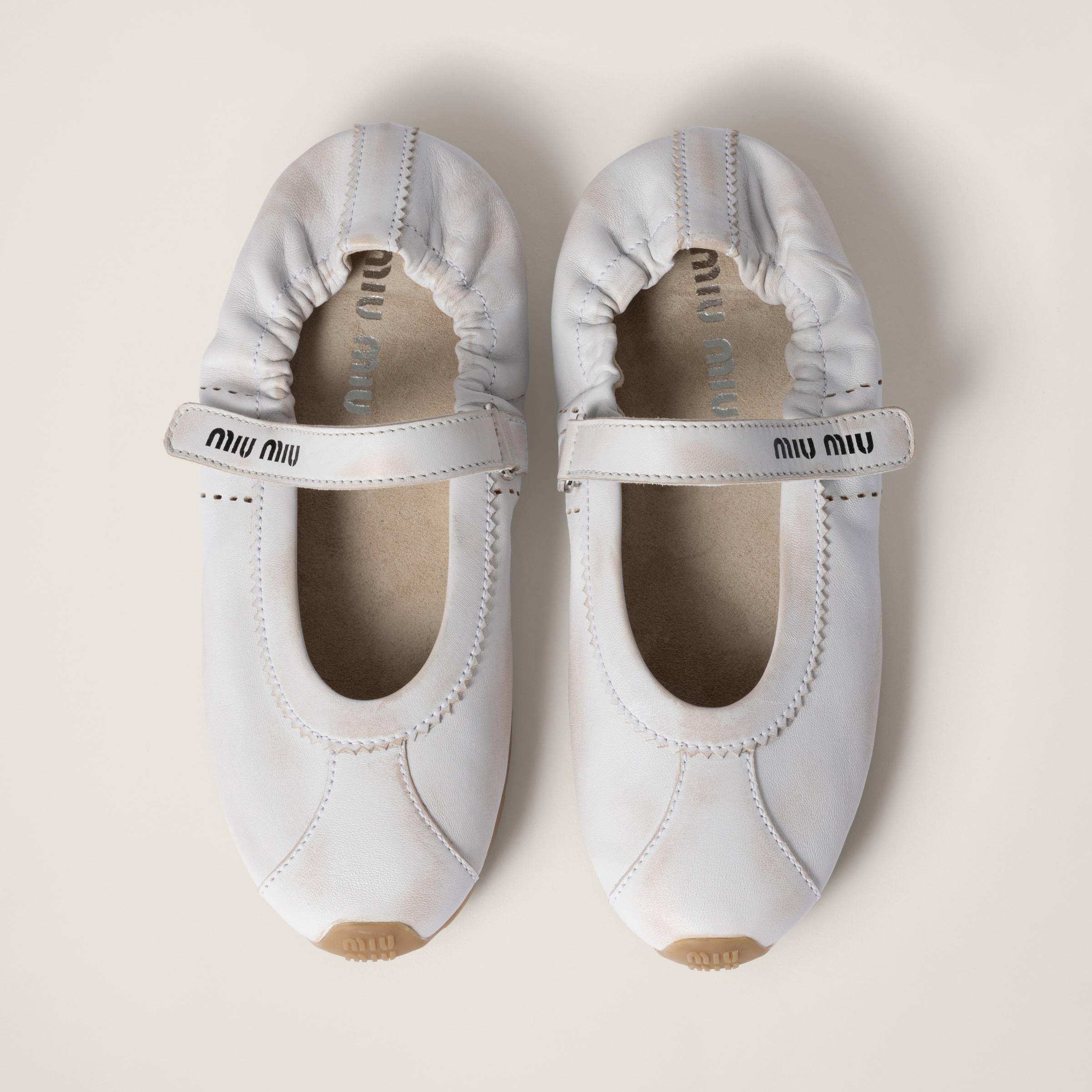 Miu Miu Bleached Nappa Leather Ballerinas In White
