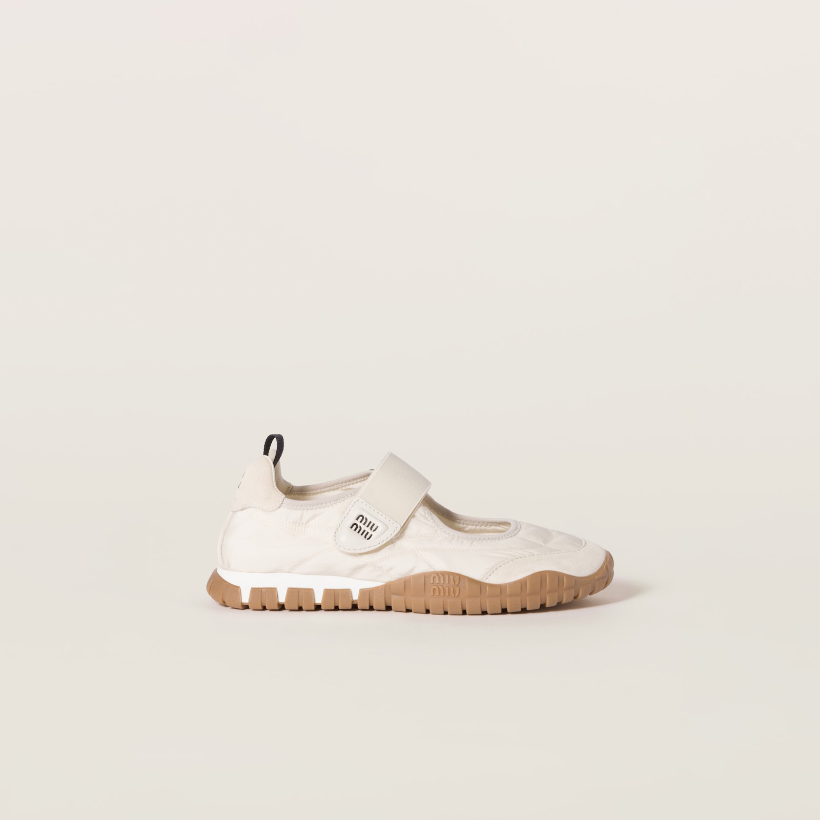 MIUMIU 26S BALLERINAS SHOES IN SAGE GREEN TYRE TECHNICAL FABRIC GREY SUEDE