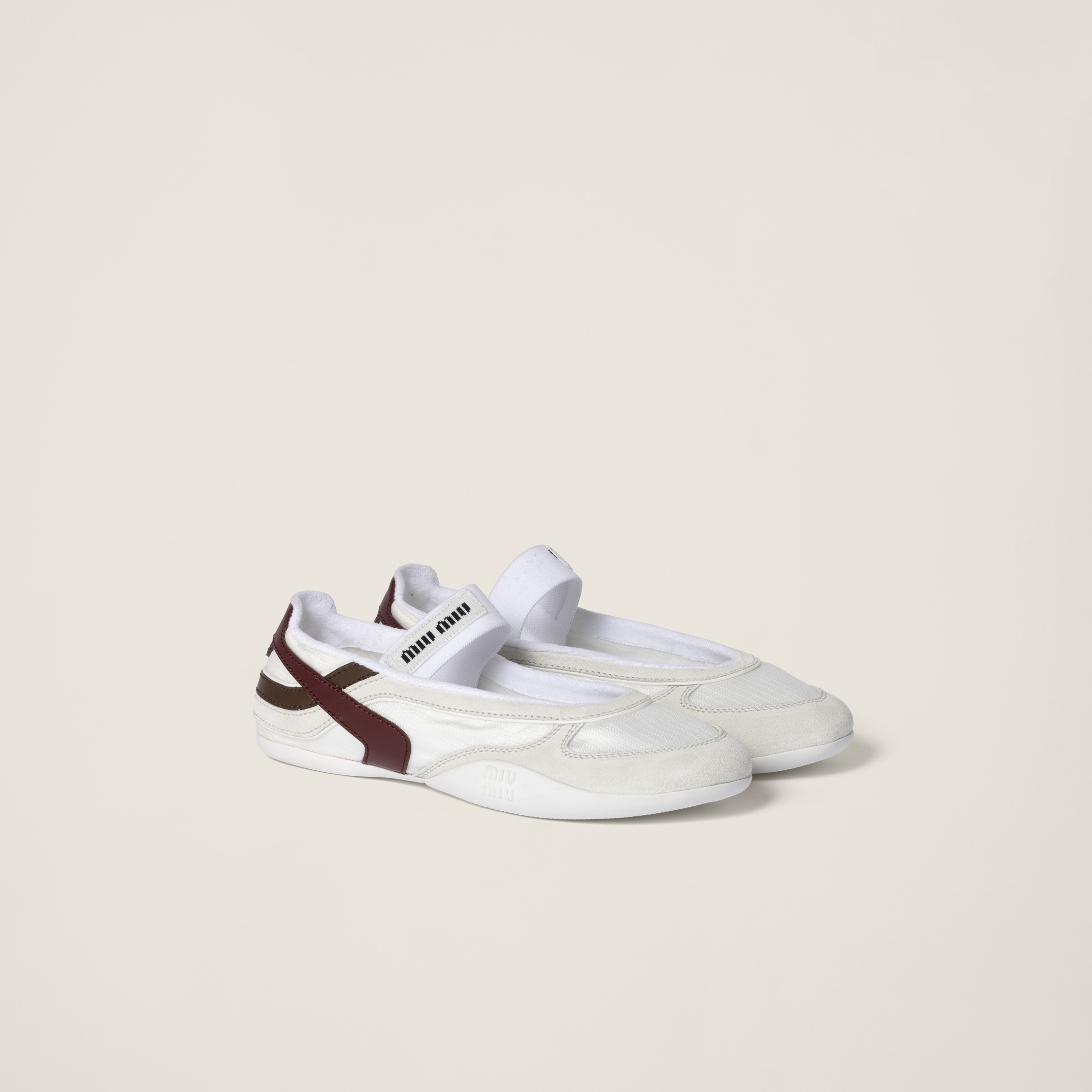 Miu Miu Gymnasium Technical Fabric And Suede Ballerinas In White/burgundy