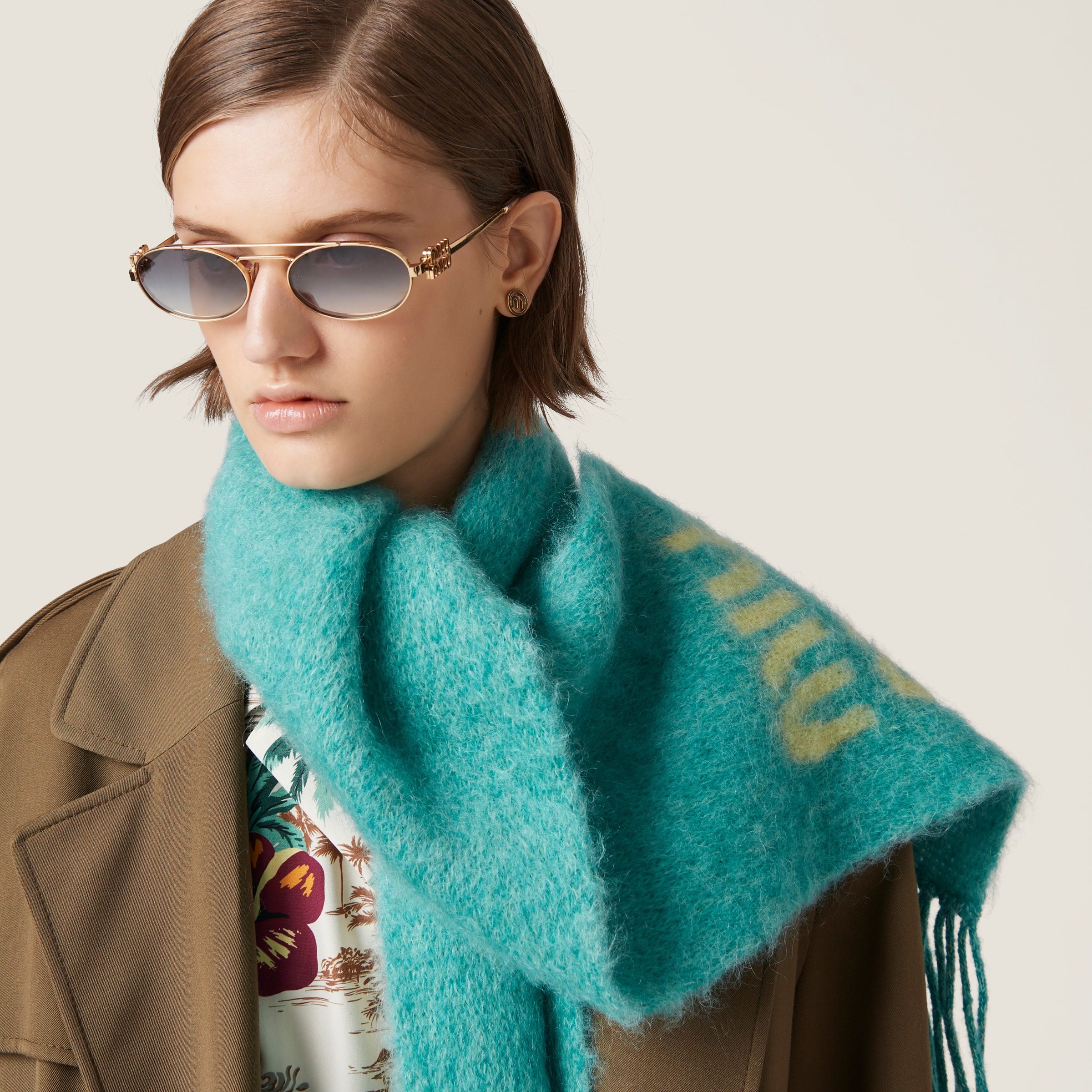 Turquoise Wool And Mohair Scarf Miu Miu