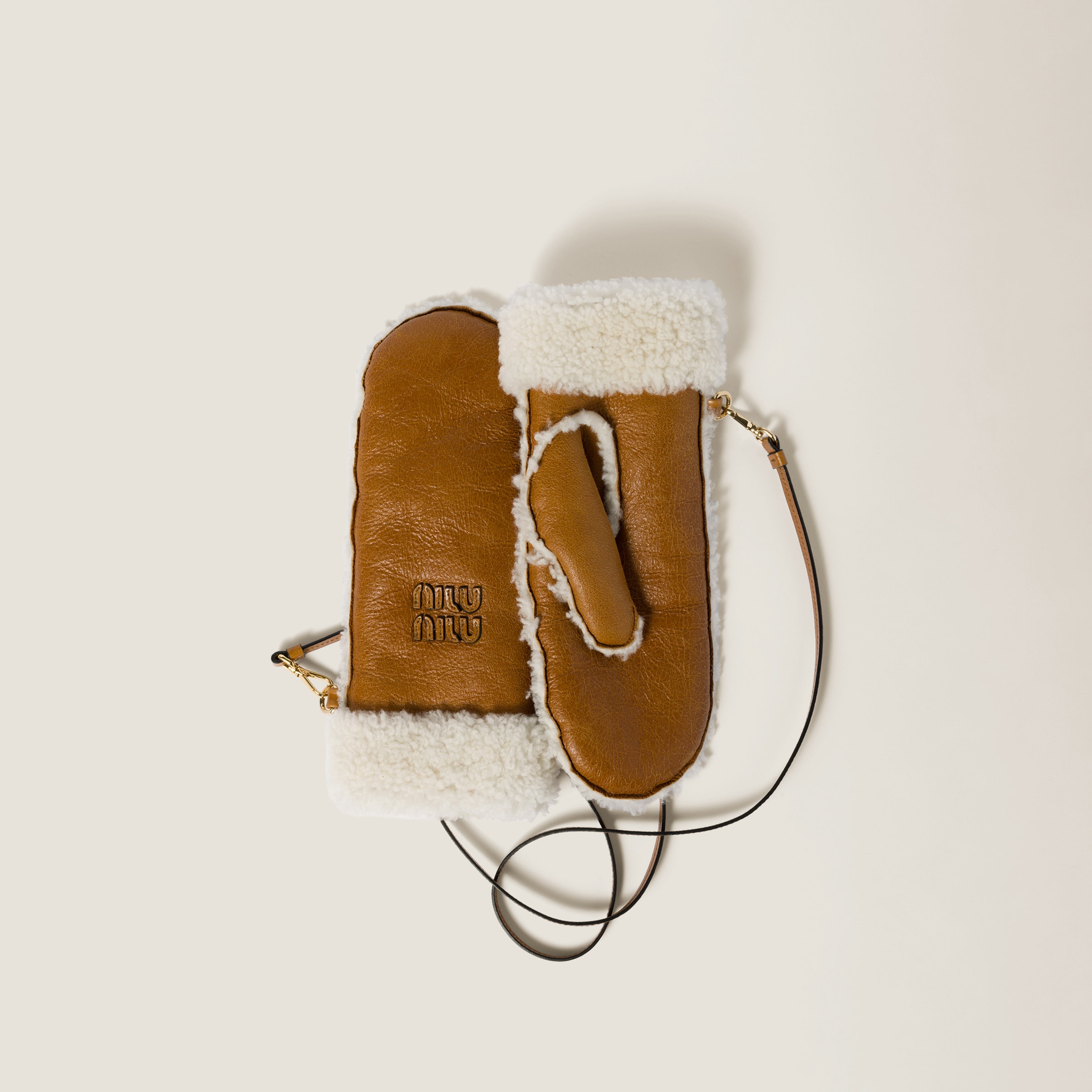 Miu Miu Shearling-trim Mitten Gloves In Cognac/natural