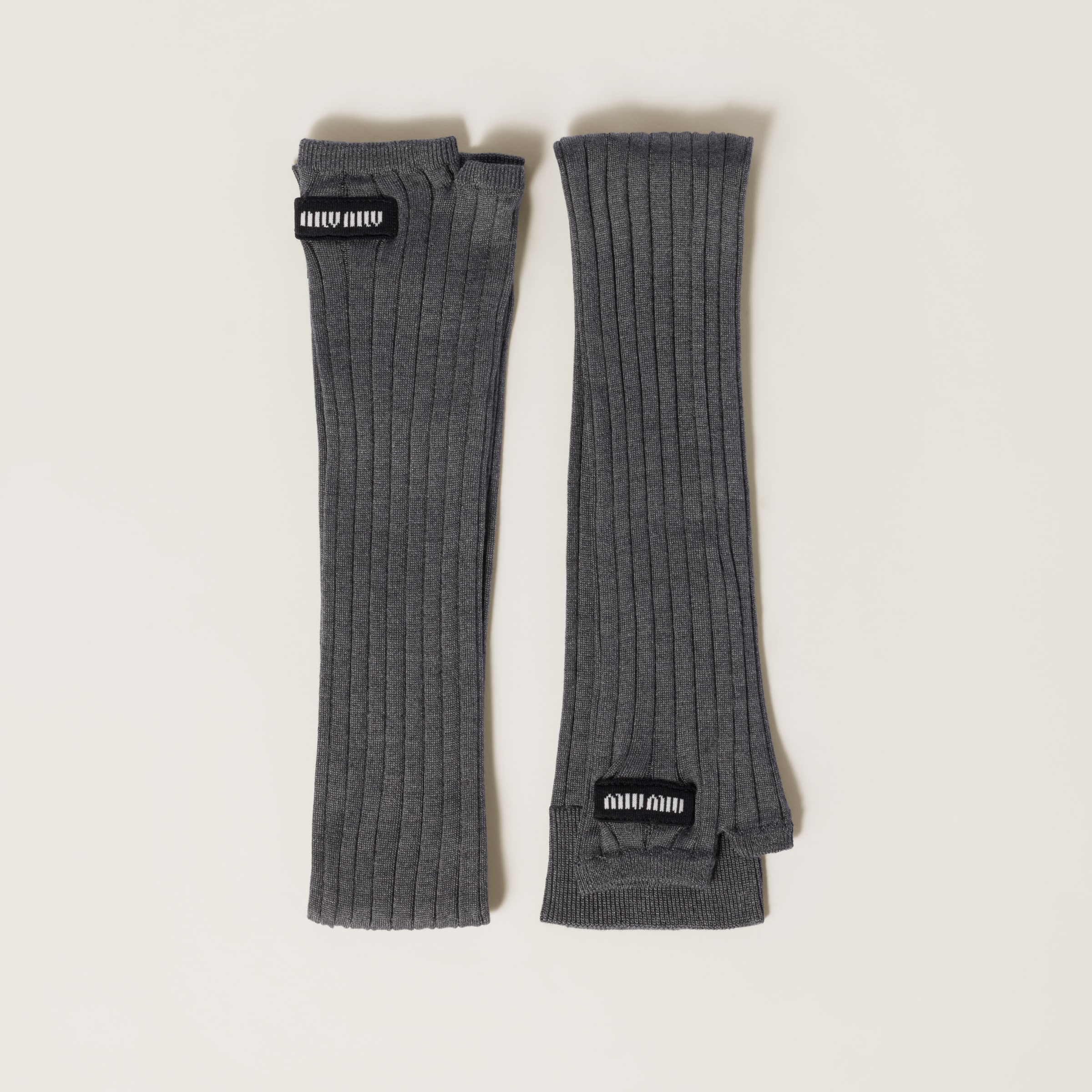 Miu Miu Ribbed Knit Silk Fingerless Gloves In Slate Gray