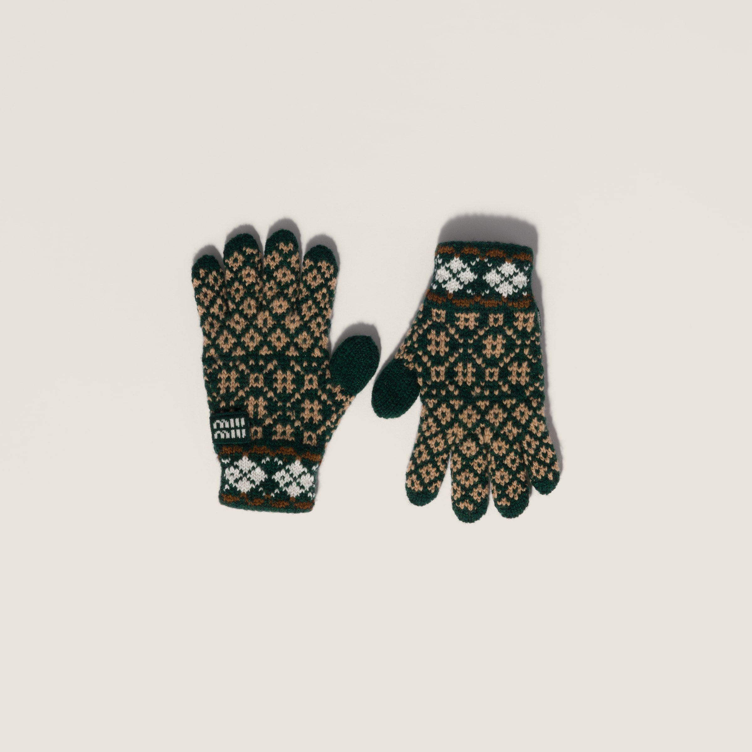 Cognac/billiard Green Wool And Cashmere Gloves | Miu Miu