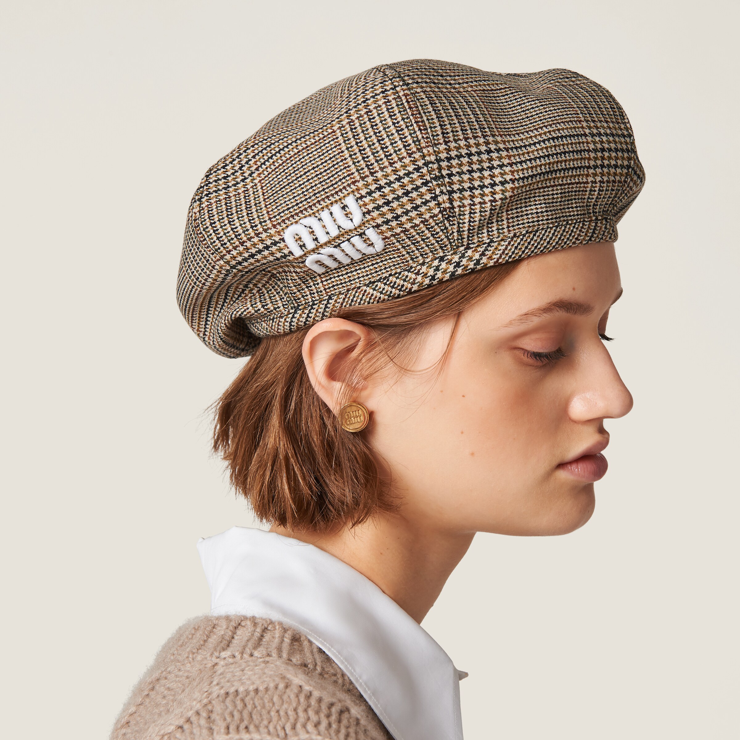 Tobacco Prince Of Wales Checked Wool Hat | Miu Miu